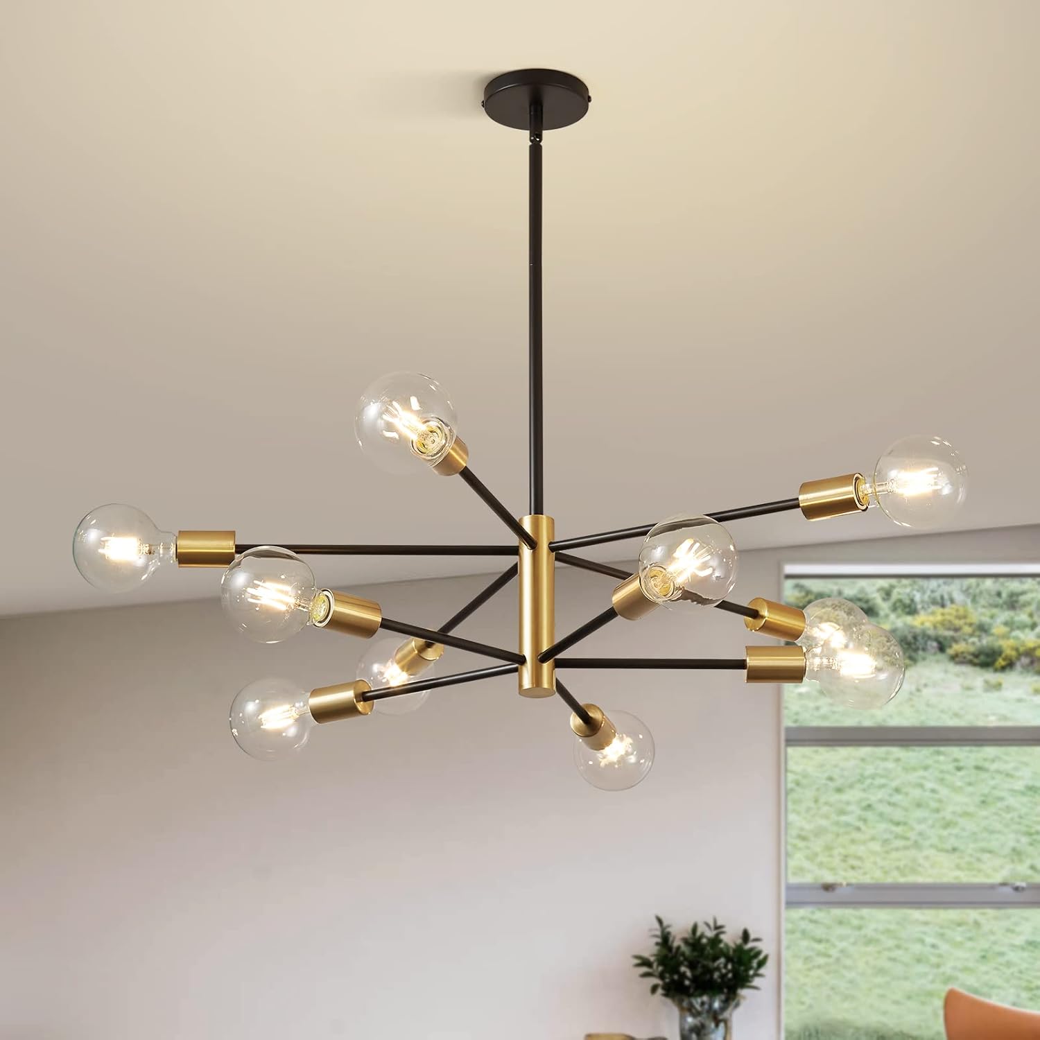 KUCICO Modern Sputnik Chandeliers, Mid Century Chandelier Light Fixture,10-Light Black and Gold Industrial Ceiling Pendant Lighting for Dining Room , Kitchen Island, Living Room,Bedroom,Farmhouse