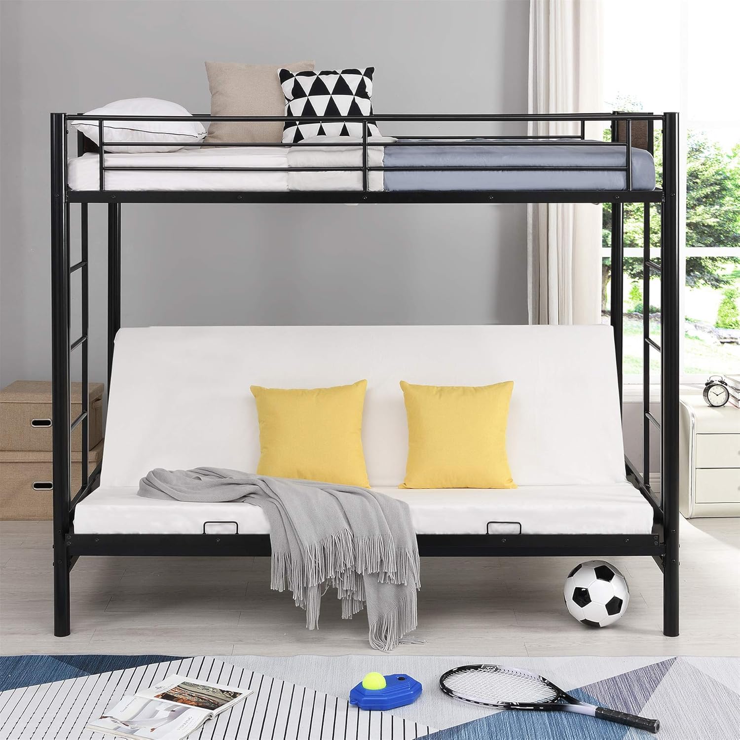 Metal Bunk Bed with Ladder, Full Over Full Low Bunk Bed with Safety Guard Rails for Kids Teens Adults No Box Spring Required, Black