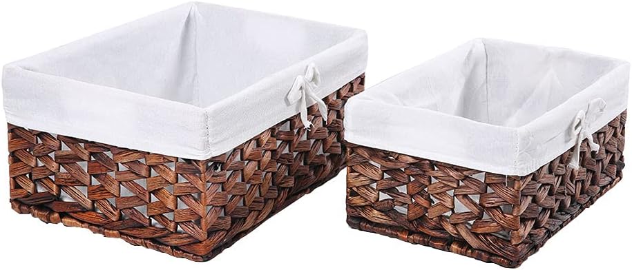 HDKJ Water Hyacinth Storage Baskets Rectangular Decorative Woven Storage Bins Container with Liner for Parlor Bedroom Bathroom Laundryroom Shelves Organizing Book Toy Small Items. (QZXW-Set of 2) Pack of 2