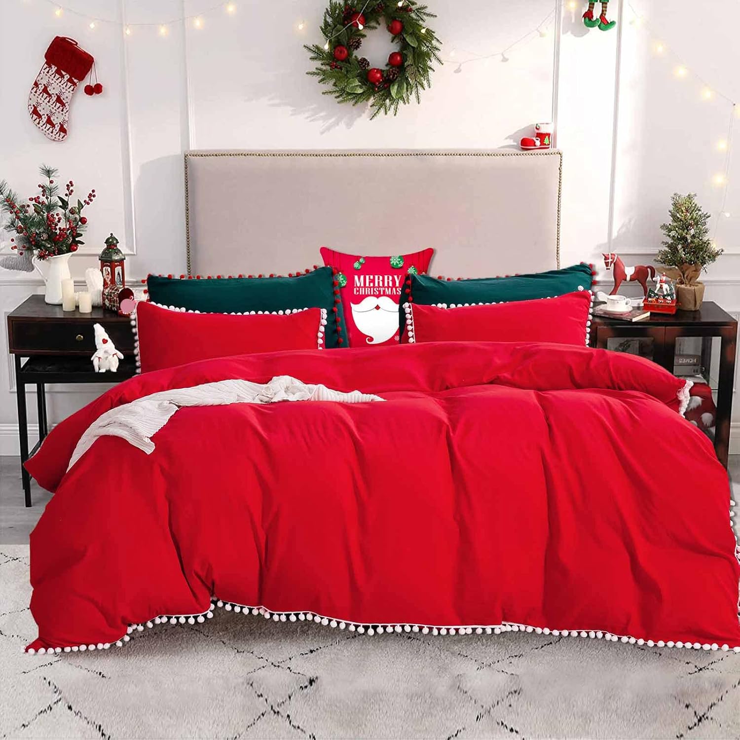 Christmas Pom Duvet Cover King Size, 3 Piece Boho Bohemian Farmhouse Microfiber Bedding Comforter Cover Set, Soft and Lightweight, Solid Green with White Pompom Pack of 2