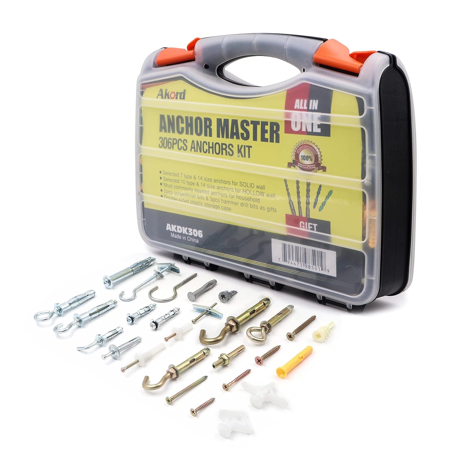 Akord Anchors Assortment Kit, Hollow Wall Anchors Set,Solid Wall Anchors with Screws Set, 306 Pieces Pack of 2