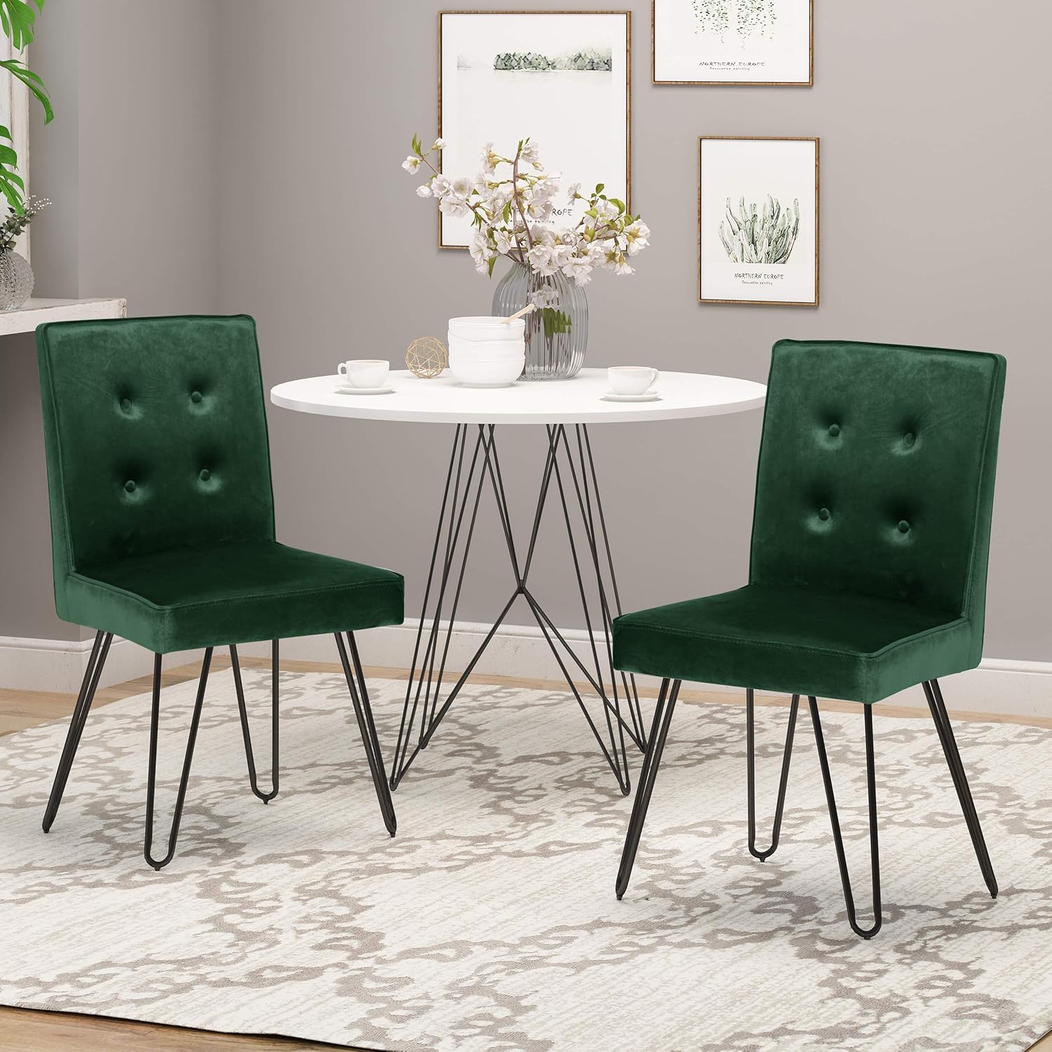 Christopher Knight Home Natalie Glam Tufted Velvet Dining Chairs with Iron Legs (Set of 2), Emerald and Black Finish