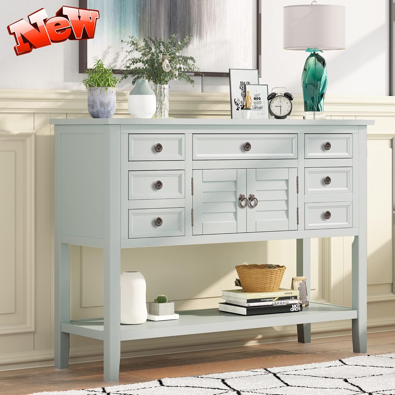 DANGRUUT Elegant Farmhouse Thicken Solid Wood Buffet Sideboard with Door Cabinet, 7 Storage Drawers, Bottom Shelf, 45'' Rustic Accent Console Table Buffet Serving Cabinet for Entryway/Kitchen (Red)