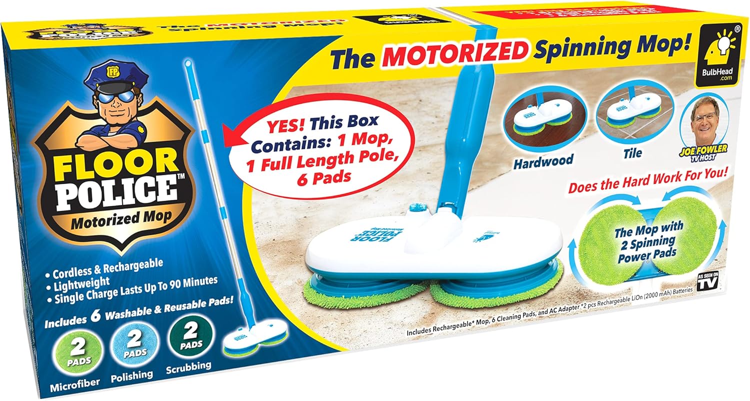 Original As Seen On TV Floor Police Mop with Motorized Dual Spinning Mopheads & 6 Unique Cleaning Pads by BulbHead, Lightweight, Rechargeable & Cordless, Great Hardwood Floor and Tile Cleaner Pack of 2