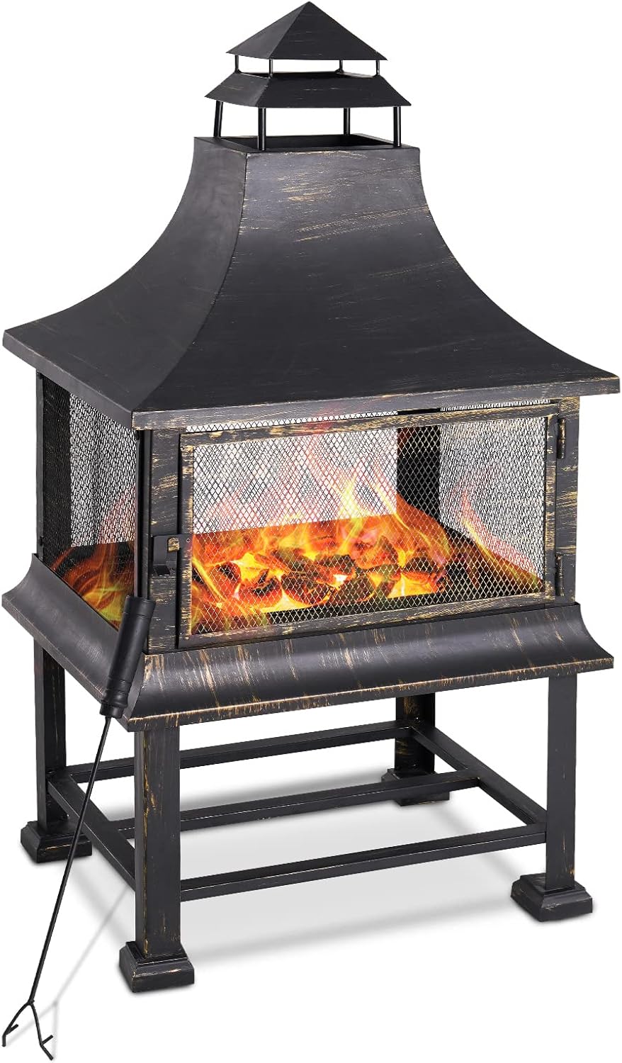 Vonzoy Chiminea Outdoor Fireplace, Wood Burning Fire Pit for Outside with Fire Poker, 360&deg; Fire Retardant Mesh Cover
