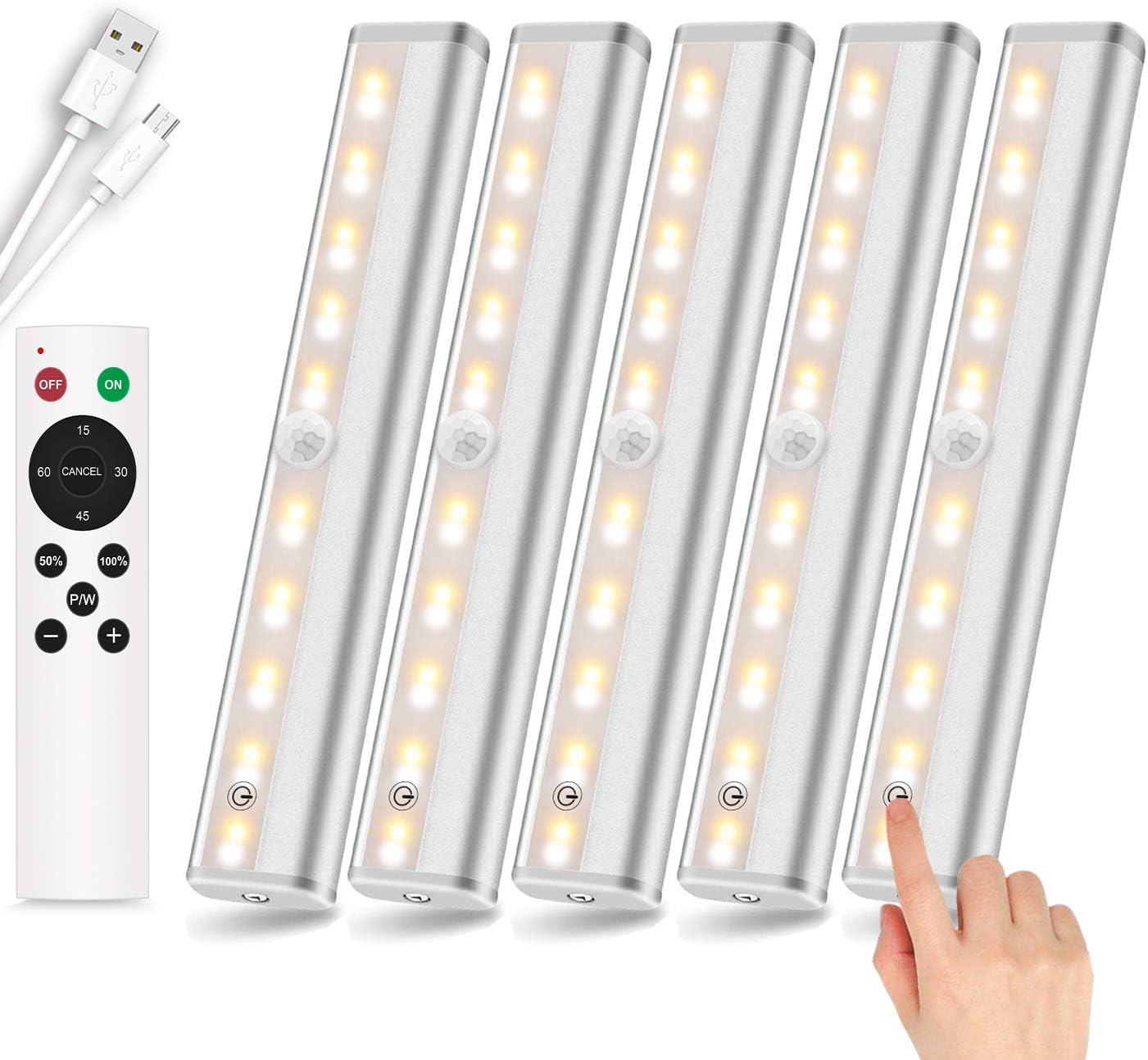 Under Cabinet Lighting Wireless 5 Pack, Remote Control Cabinet Lights, Rechargeable Under Counter Lights Dimmable Closet Light, Stick on Night Lights Under Cabinet Light with Remote /Touch Control