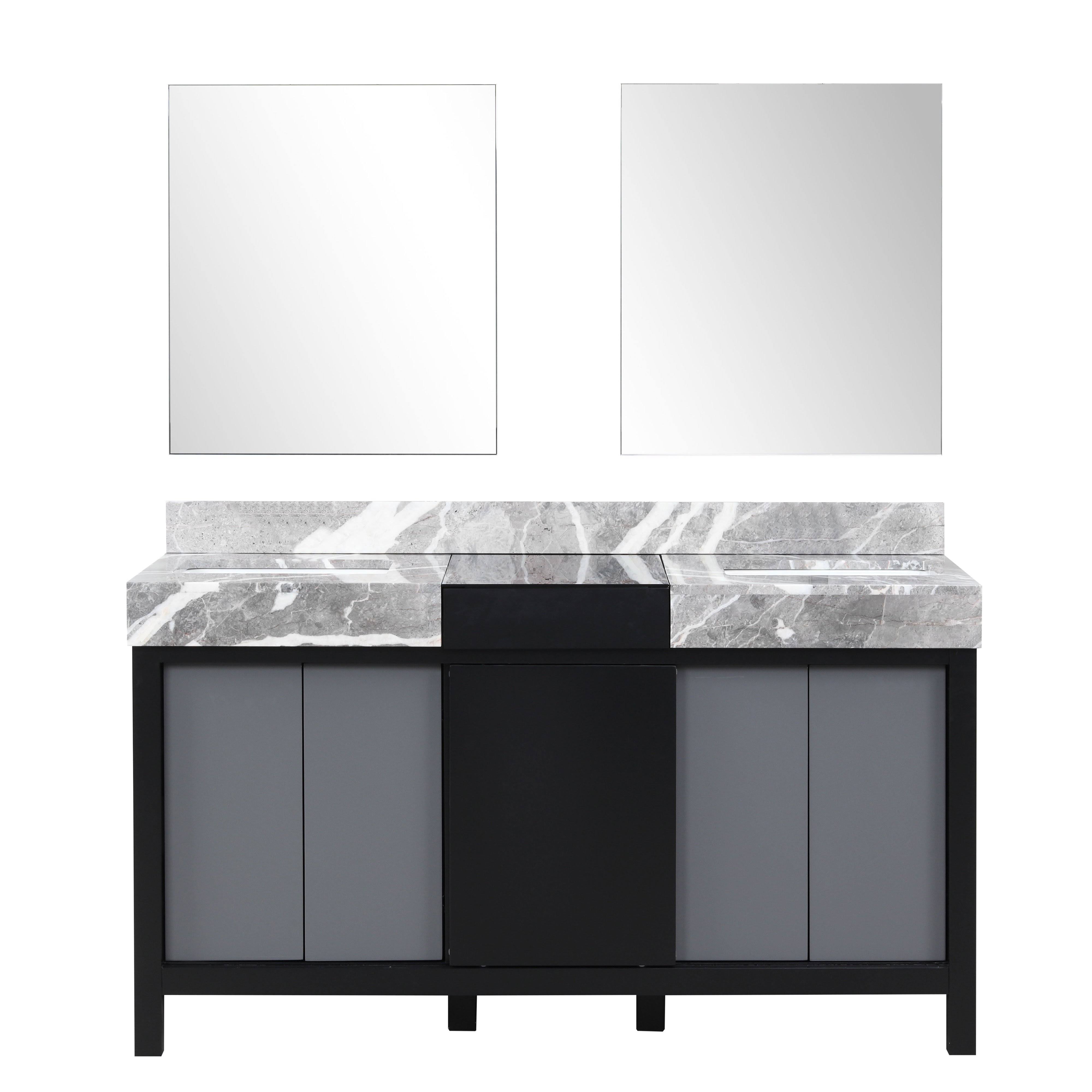Lexora LZ342260DLISM28 Zilara 60x22 Black and Grey Double Vanity, Castle Grey Marble Tops, White Square Sinks, and 28x22 Framele