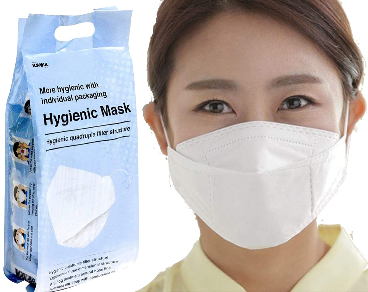 30 Pack ILWOUL Individually Wrapped Large White Thick 4-Layer KF94 Hygienic Face Masks(Made in Korea,KFDA Approved),Comfort 5D Fitting,Lip Touchless,Protect Lady's Makeup,Light Weight,MFG Date Printed Pack of 2