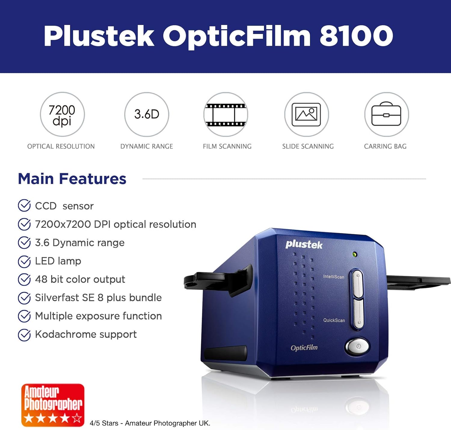 Plustek OpticFilm 8100-35mm Negative Film/Slide Scanner with 7200 DPI and 48-bit Output. Bundle Silverfast SE Plus 8.8, Support Mac and Windows
