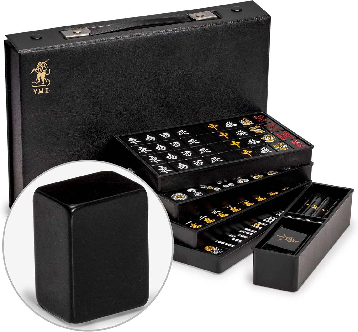 Yellow Mountain Imports Japanese Riichi Mahjong Set - Black Standard Size Tiles and Vinyl Case - with East Wind Tile, Set of Betting Sticks, & Dice Pack of 2