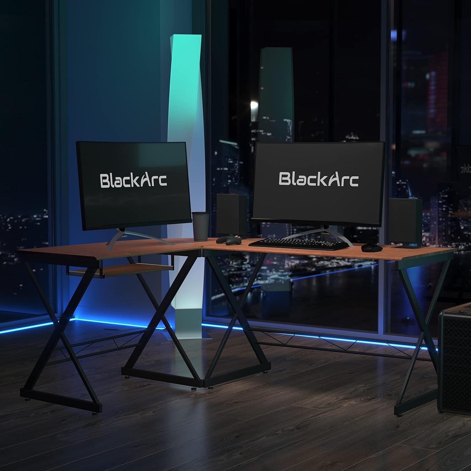 BlackArc 9inety Degree L-Shaped Gaming Desk Teakwood Finish Laminate Top-Black Powder Coated Frame-Pull Out Keyboard-87 Overall Diagonal Width