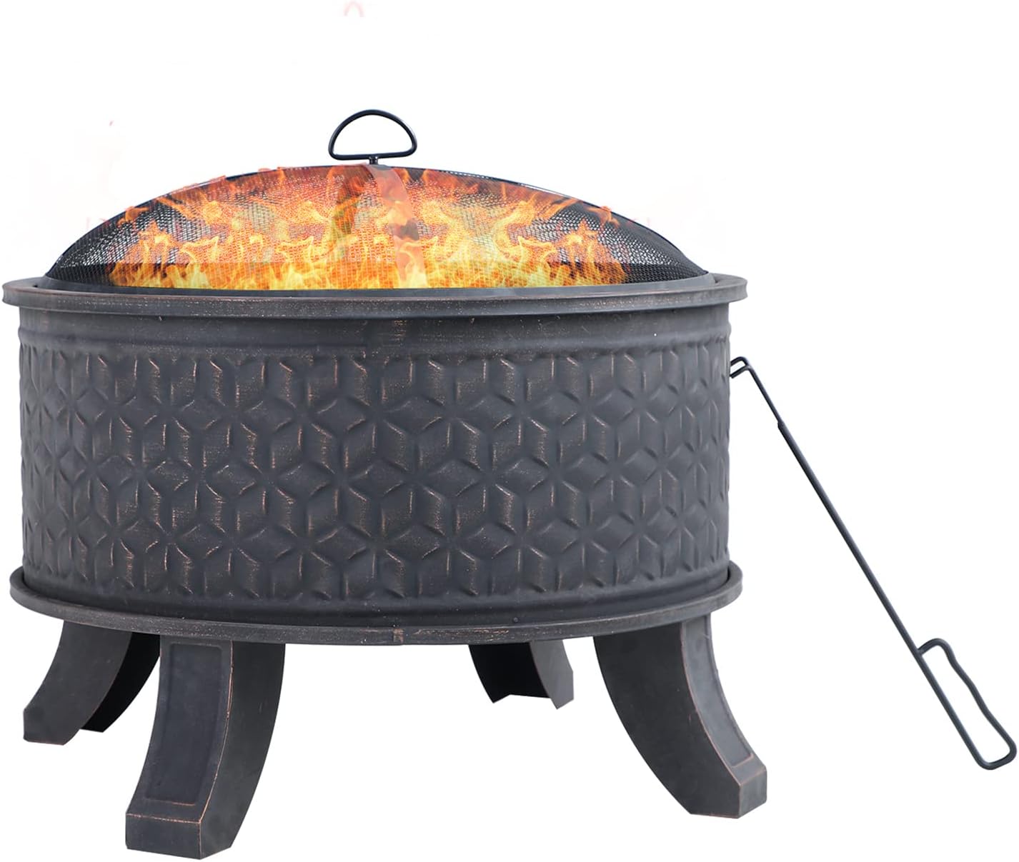 Wood Burning Fire Pit for Outside Antique Bronze 26 Inch Firepit Large Round Fire Pit Bowl with Poker & Spark Screen for Patio Lawn Backyard 4 Leg & Bronze Finish
