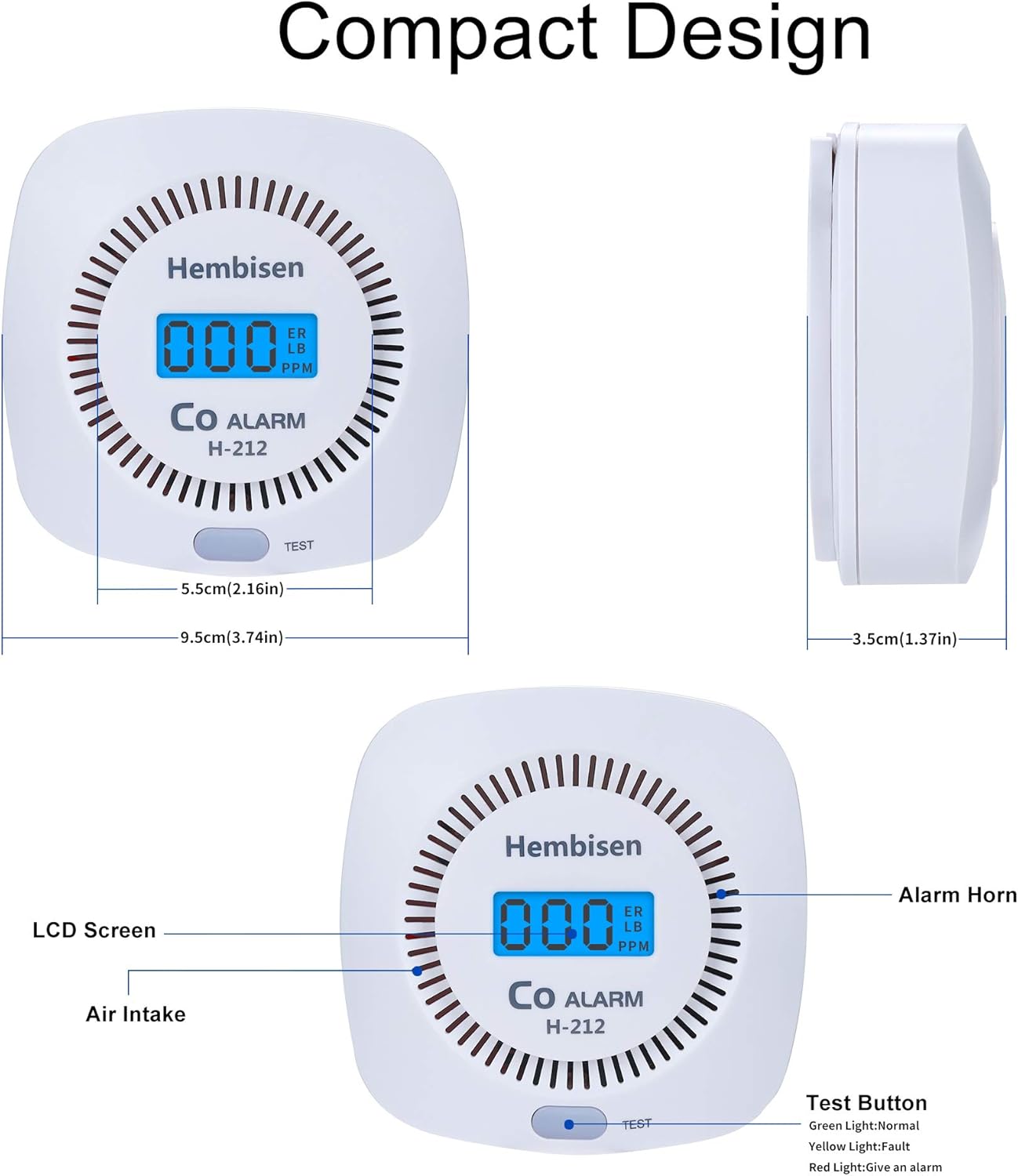 Hembisen Carbon Monoxide Detectors Alarm 3 Pack Co Detector Battery Powered with Digital Display for Home,Easy to Install,UL2034