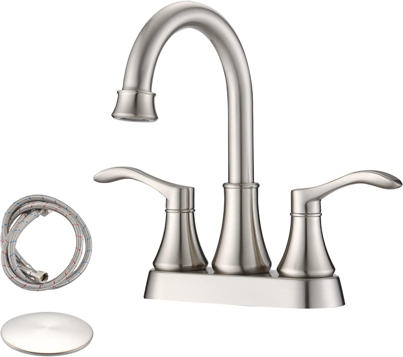 2 Handle Farmhouse Matte Black Bathroom Faucet, 4 Inch Centerset Bathroom Sink Faucet with Pop-up Assembly Overflow Drain, 304 Stainless Steel Supply Line - Matte Black