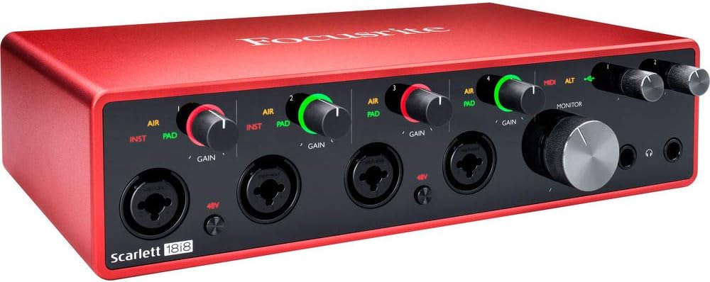 Focusrite Scarlett 18i8 USB Audio Interface (3rd Gen) with 2x Tripod Microphone Stand & 4x XLR Cable Bundle