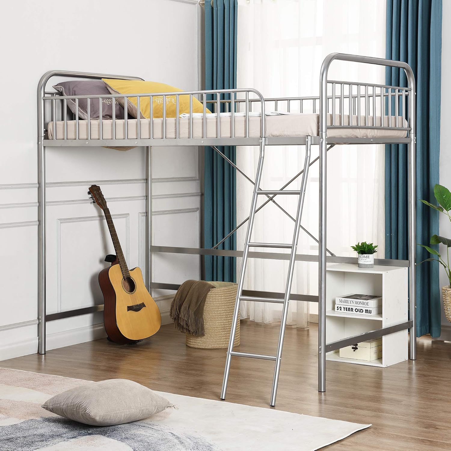 Merax Metal Frame Twin Loft Bed with Full-Length Guardrail and Ladder, Black