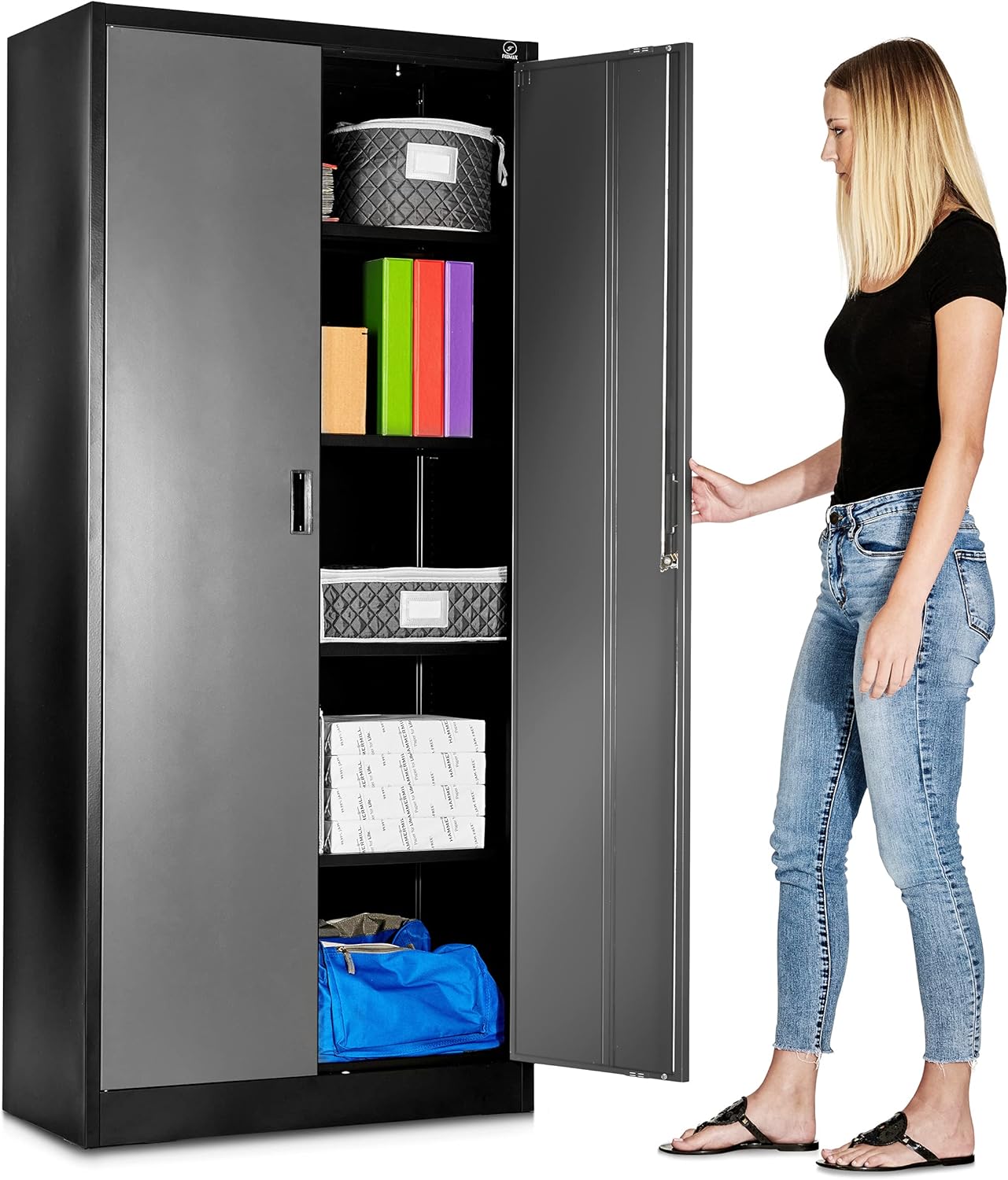 Fedmax Metal Garage Storage Cabinet - 71-inch Tall, Large Industrial Locker with Adjustable Shelves & Locking Doors - Steel Utility Cabinets for Office, Classroom, Pantry - Black/Grey