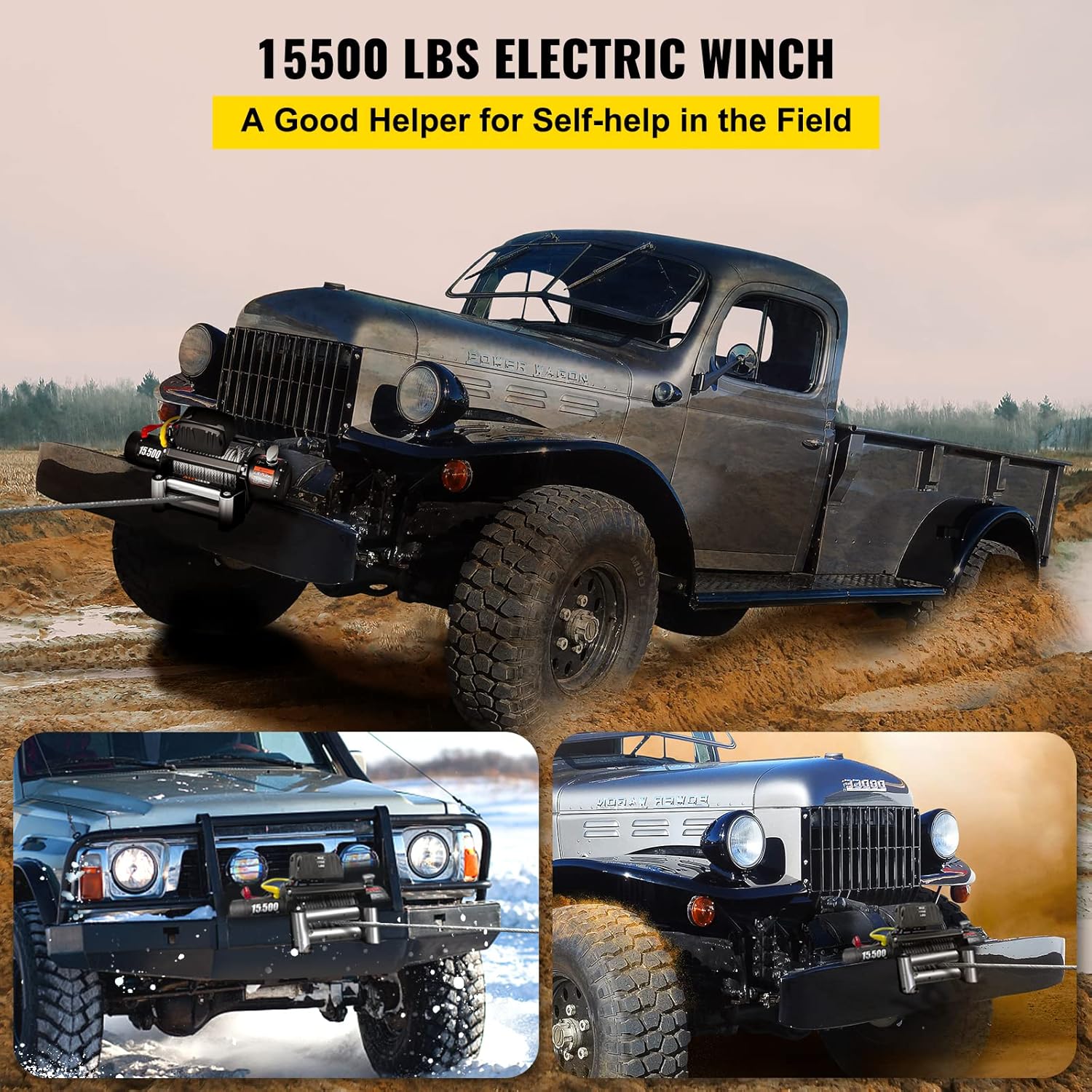 VEVOR Truck Winch 15500lb Load Capacity Cable Steel with Wireless Remote Control 12V Waterproof IP67