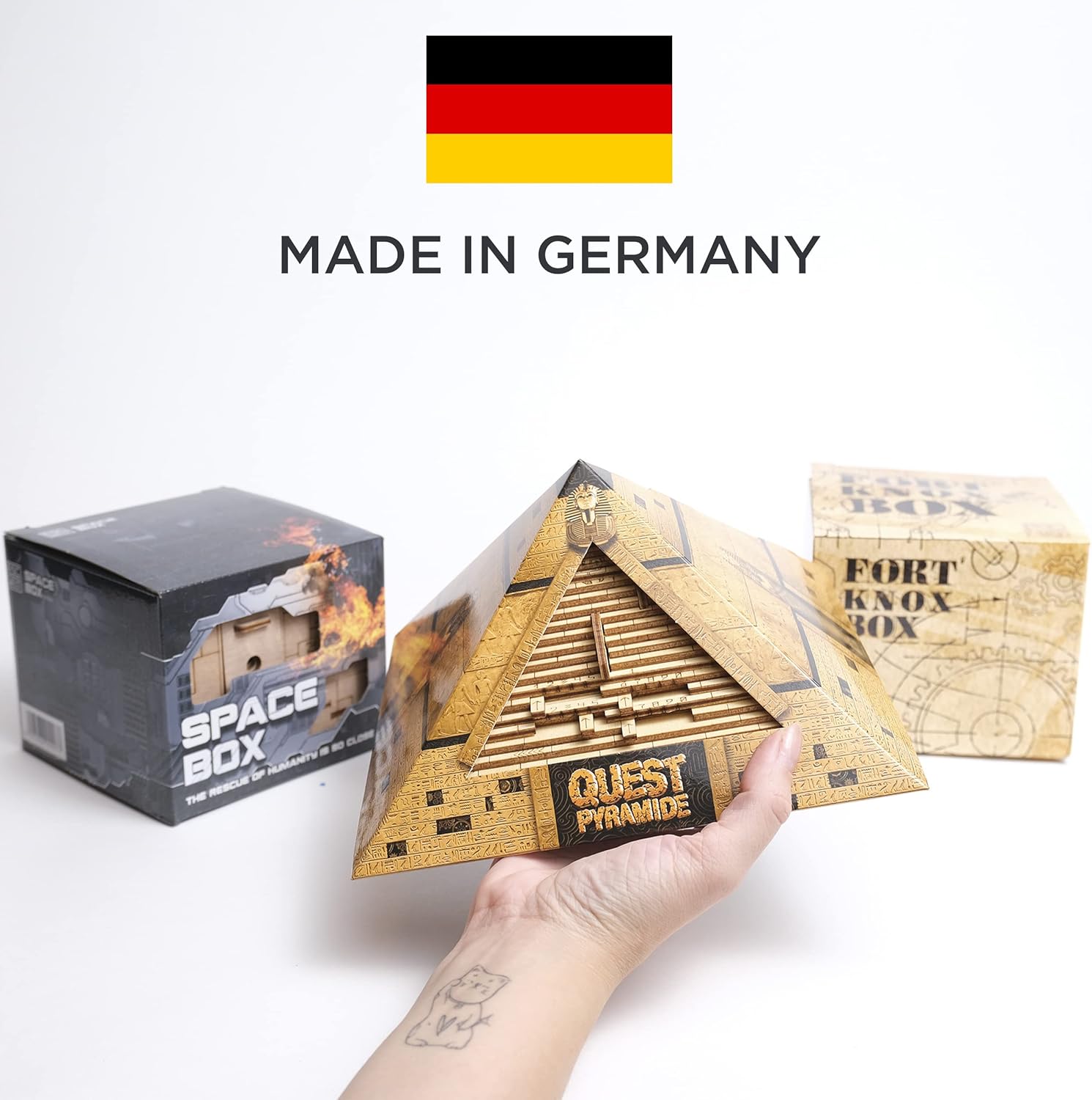 ESC WELT A Puzzle Box Set Gifts for Christmas - The Quest Pyramid, Space Box and Fort Knox. Unique Wooden Puzzles, Puzzle Games with Riddles and Brain Teasers