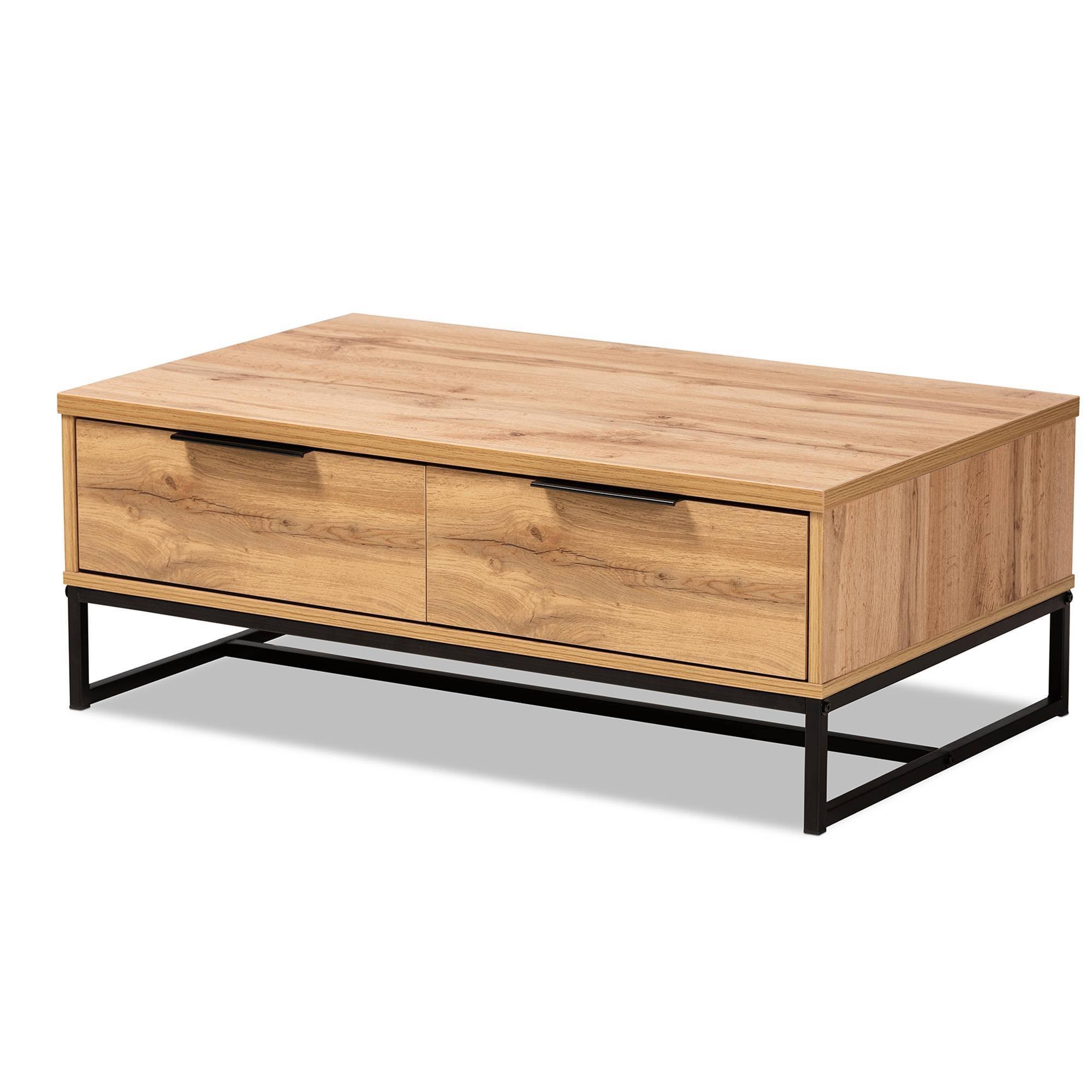 Baxton Studio Franklin Modern and Contemporary Finished Wood and Black Finished Metal 2-Drawer Coffee Table Oak Brown
