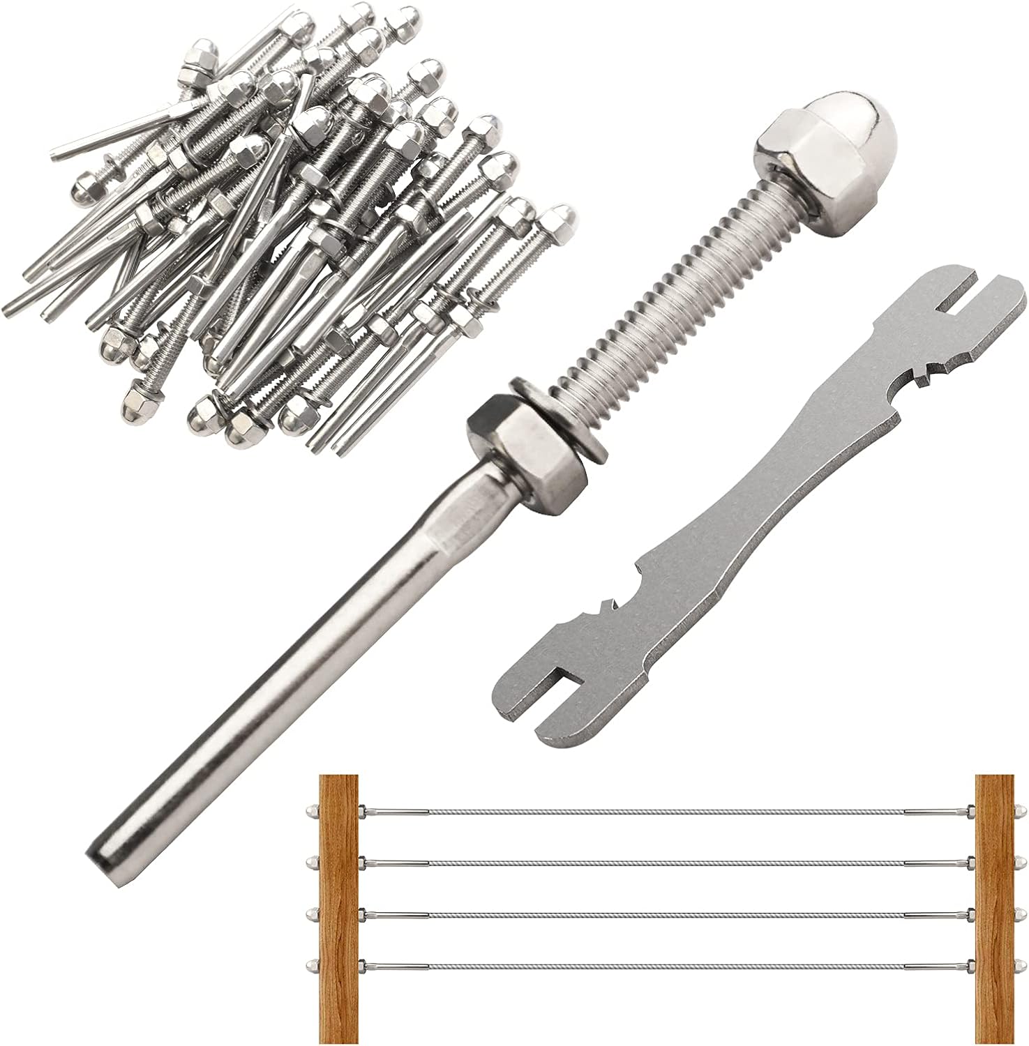 ATOLS 60 Pack T316 Stainless Steel Cable Railing Swage Threaded Stud Tension End Fitting Terminal for 1/8 Inch Cable Stair Deck Railing Wood & Metal Post Hardware System, T316 Marine Grade