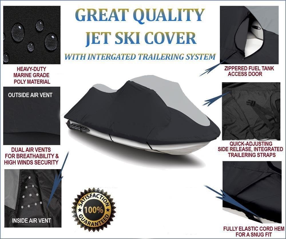 Super Heavy-Duty TOP of The LINE Jetski Cover Compatible for Yamaha Wave Runner FX Cruiser HO 2004-2011 Jet Ski PWC Cover Black/Grey