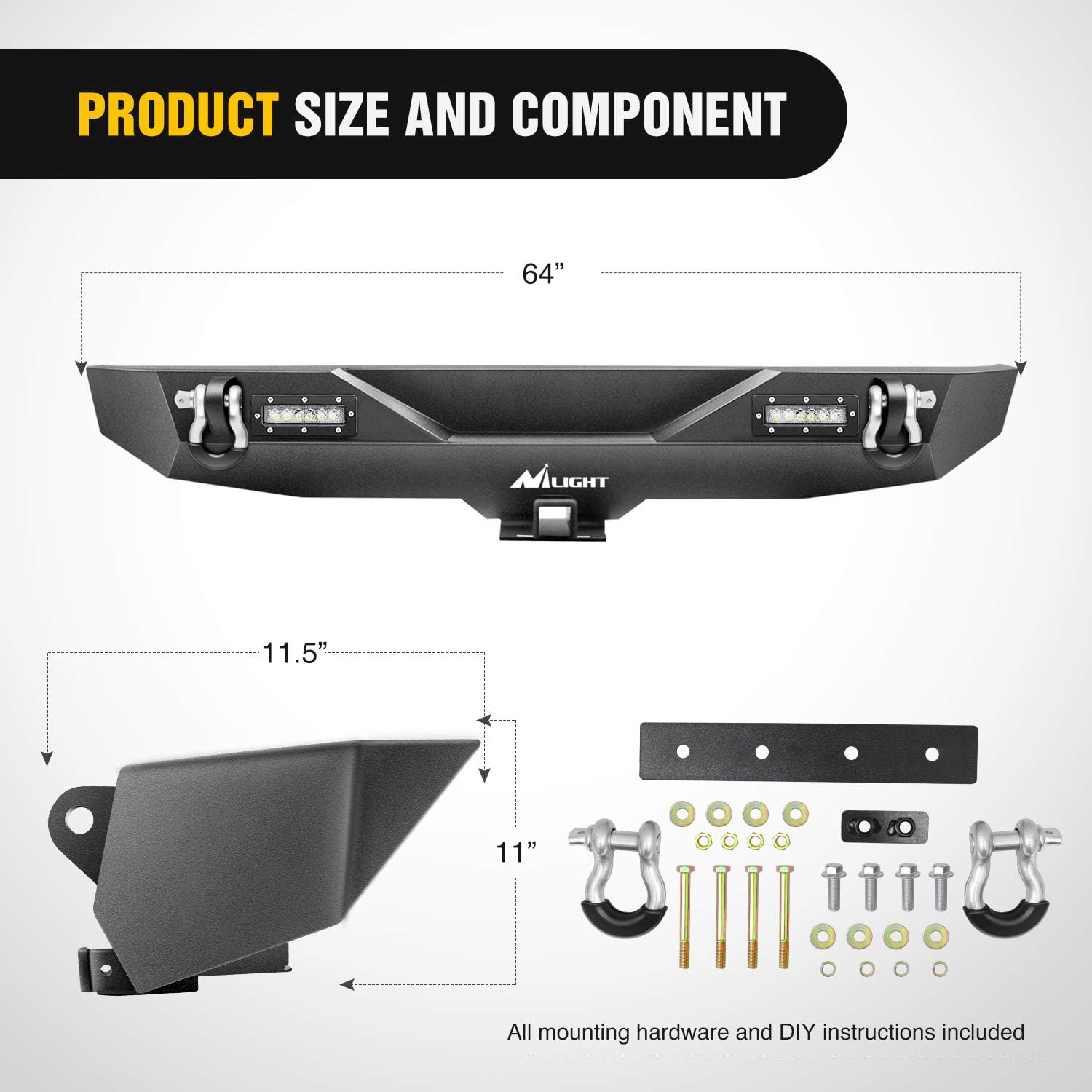 Nilight Rear Bumper Compatible for 2018 2019 2020 2021 2022 Jeep Wrangler JL Rock Crawler Bumper with Hitch Receiver & 2X Upgraded 18W LED Lights Off Road Textured Black,2 Years Warranty