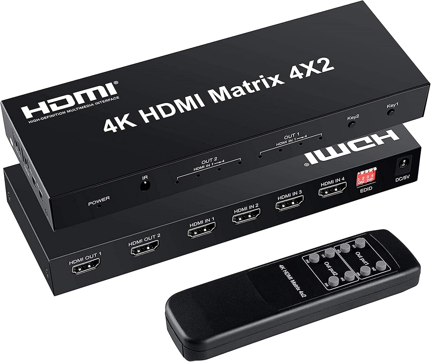 FERRISA 4x2 HDMI Matrix Switch,4 in 2 Out Matrix HDMI Video Switcher Splitter +Optical & L/R Audio Output,Support Ultra HD 4K,3D 1080P,Audio EDID Extractor with IR Remote Control Pack of 2