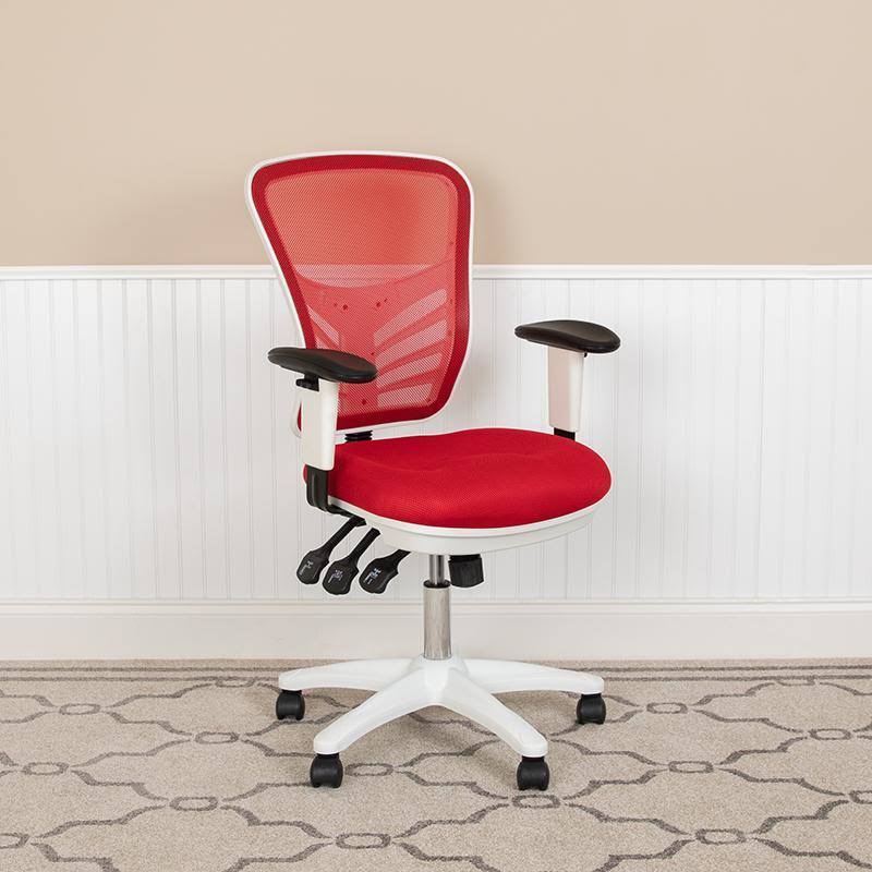 Alamont Mid-Back Red Mesh Multifunction Executive Swivel Ergonomic Office Chair with Adjustable Arms and White Frame