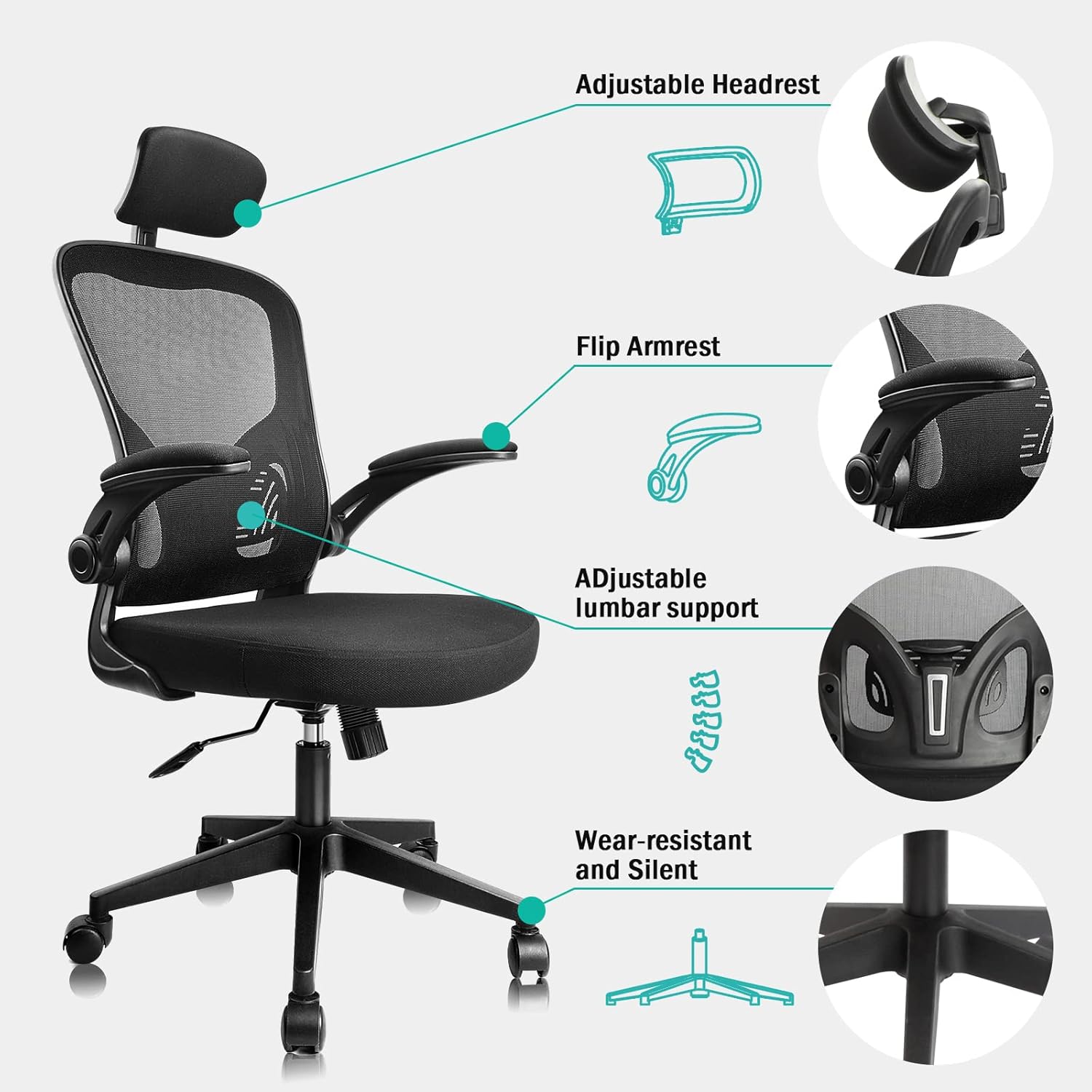 HARBLAND Ergonomic Office Chair, High Back Mesh Office Chair Desk Chair with Flip-up Arms and Adjustable Lumbar Support Headrest for Home Office