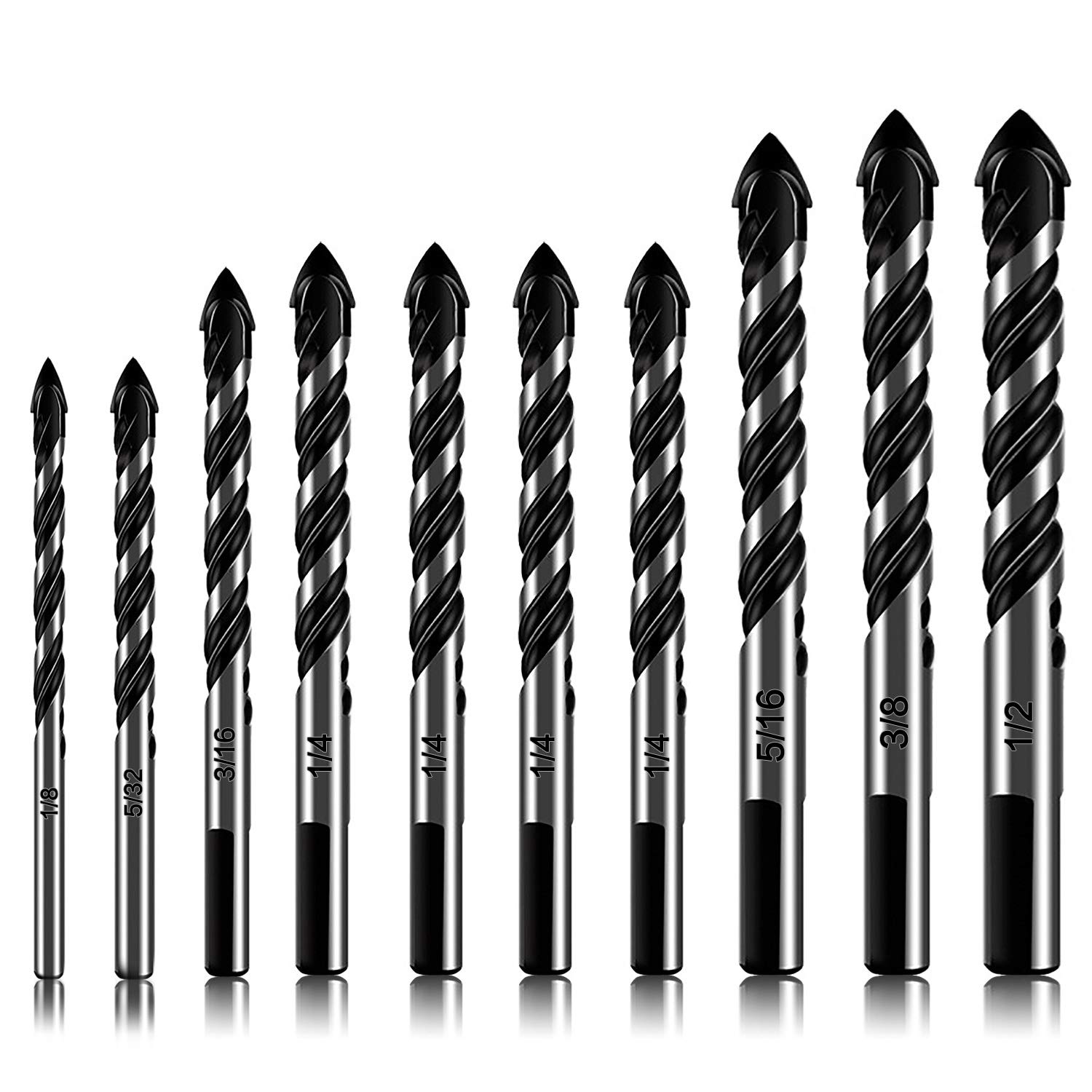 10-Piece Masonry Drill Bits Set for Tile Glass Ceramic Brick Wood, 1/8 to 1/2 Inch Drilling Bits with Triangle Handle, YG8 Tungsten Steel Alloy Tip.（Black）
