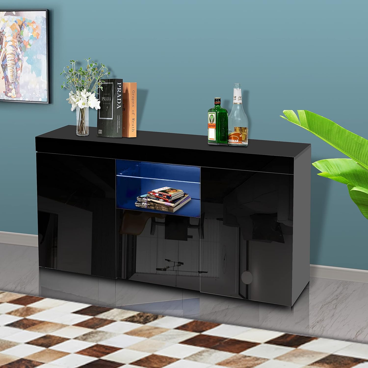 AWQM Black Sideboard, TV Cabinet with Led Lights/16 Colors, High Glossy Panel, UV Coated, Perfect As A Kitchen Cabinet, Bar Cabinet. 53.1