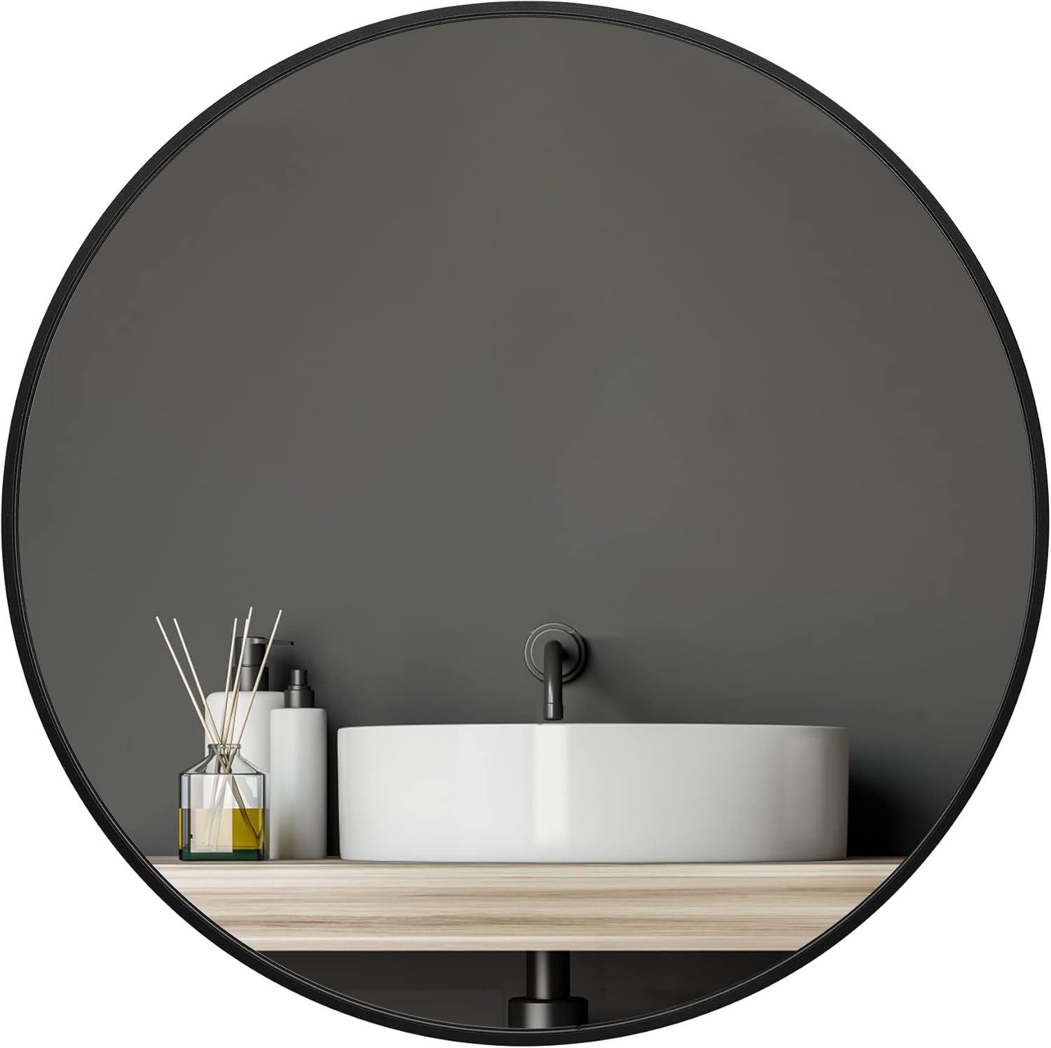 Round Black Mirror for Bathroom, Sleek Round Mirror 24 inch, Modern Round Bathroom Mirror for Wall, for Vanity, Frame Circle Mirrors for Wall, Metal Round Wall Mirrors for Bedroom, Powder Room