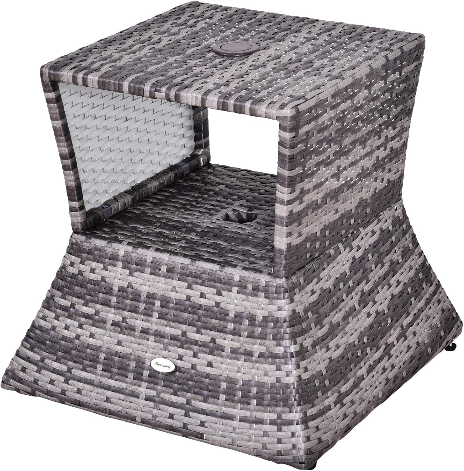 Outsunny Rattan Wicker Side Table with Umbrella Hole, 2 Tier Storage Shelf for All Weather for Outdoor, Patio, Garden, Backyard, Mixed Brown