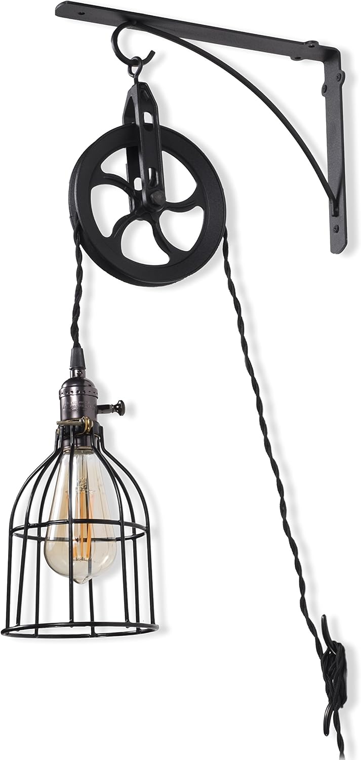 Rustic State Industrial Pulley Design Wall Sconces Pendant Lamp with 10 Feet Fabric Cord LED Edison Light Bulb in Black