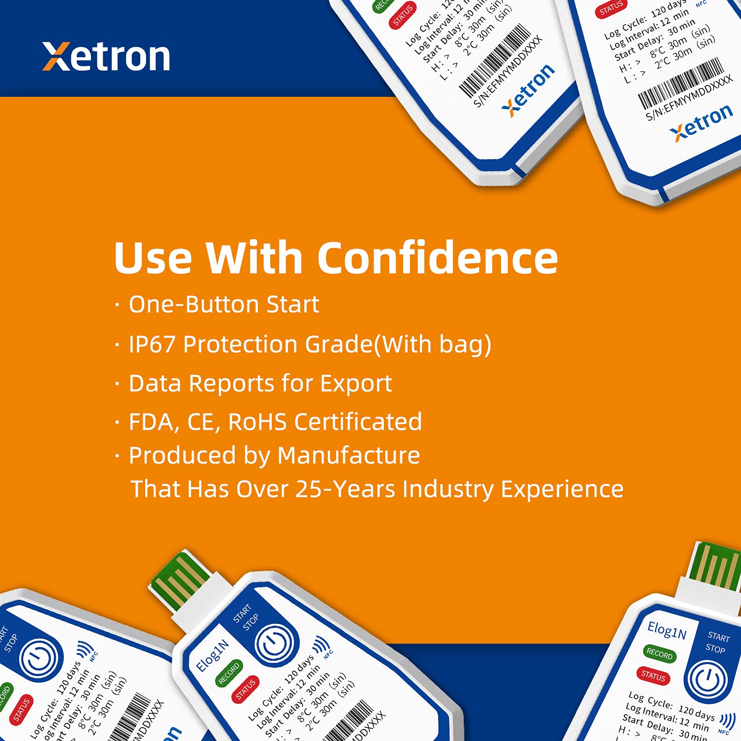 Xetron Reprogrammable Elog1N(NFC) Single Use Temperature Data Logger with USB Port, PDF Report,16000 Points, up to 180days（10 Pack）