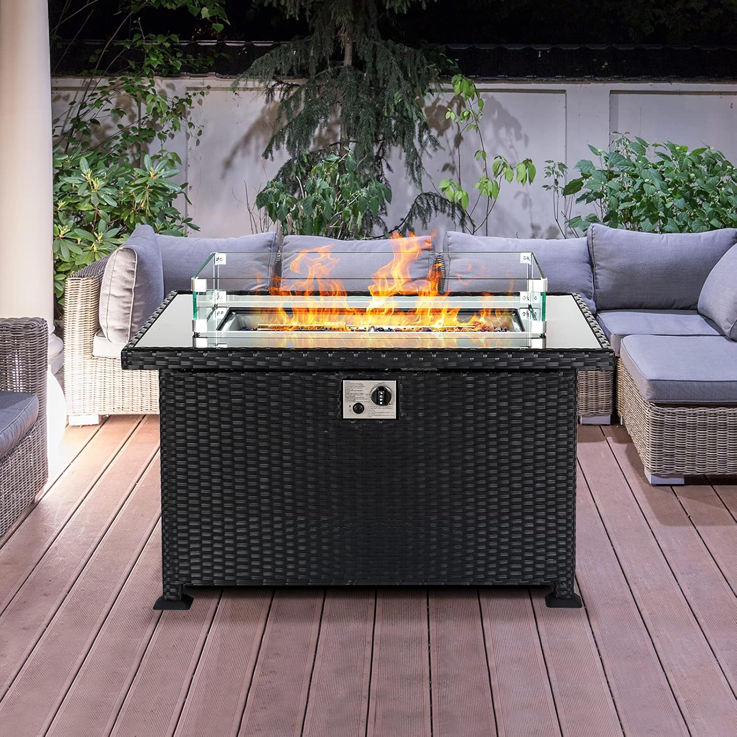 Propane Fire Pit Table Outside Gas Firepits with Wind Guard for Patio Deck, 50,000 BTU 43'' Wicker LP Fireplace Rectangular