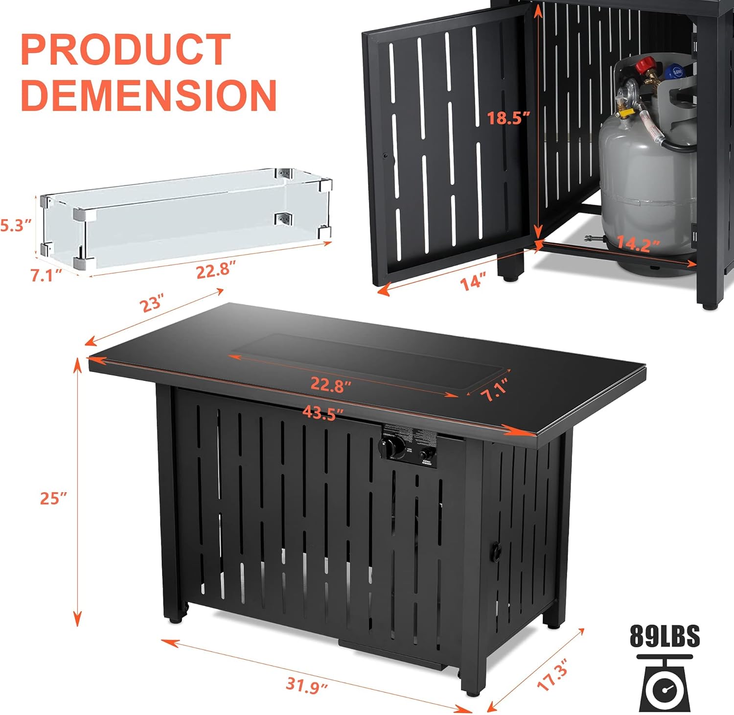 CUREALLSO Propane Fire Pit, 43 Inch 50,000BTU Auto-Ignition Gas Fire Pit Table with Lava Stone, Glass Wind Guard, CSA Approved for Outdoor Garden Patio Backyard