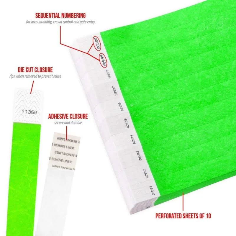 WristCo Neon Green 3/4x22 Tyvek Wristbands - 5000 Pack Paper Wristbands for Events