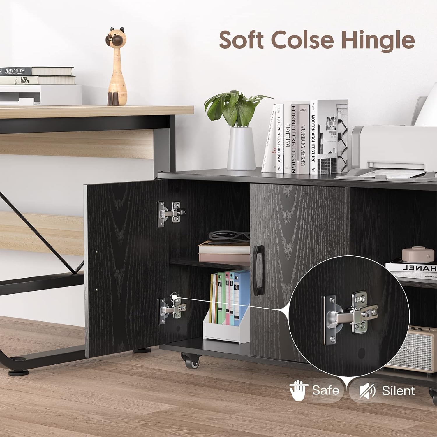 Noelse Rolling File Cabinet, Wood Printer Stand with Storage, Dual Doors, Lockable Wheels for Home and Office, Black