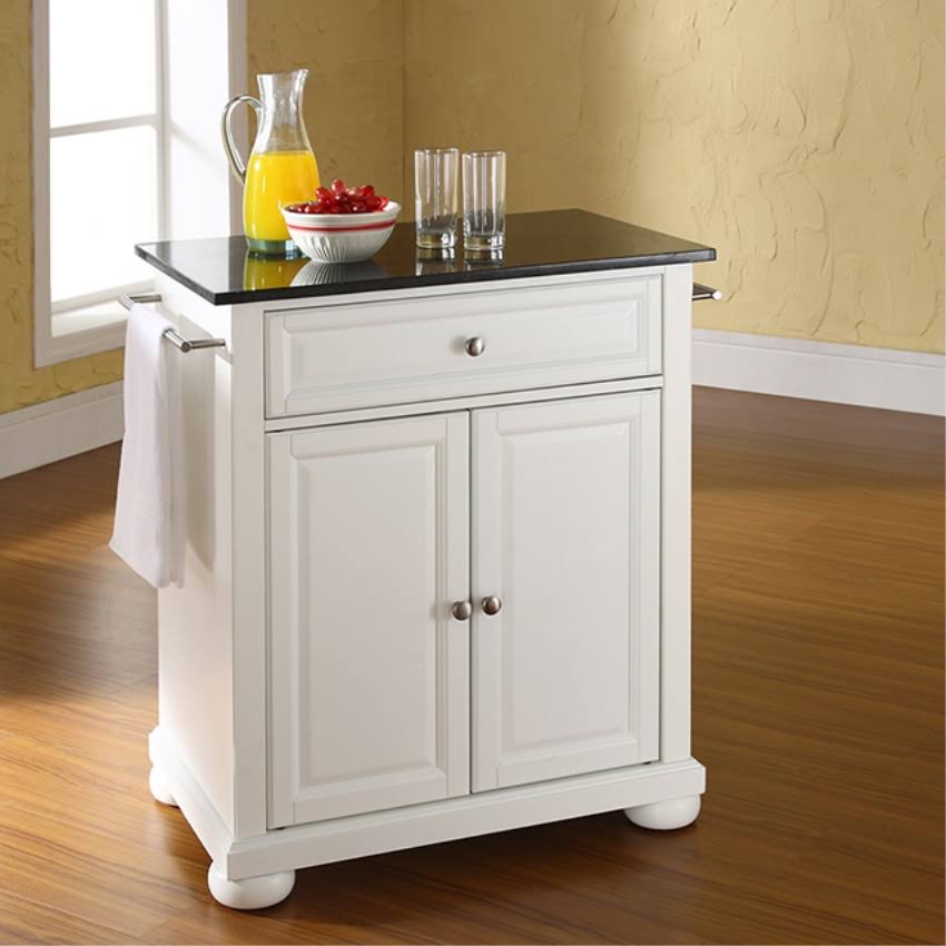 Ergode Alexandria Solid Black Granite Top Portable Kitchen Island in White Finish