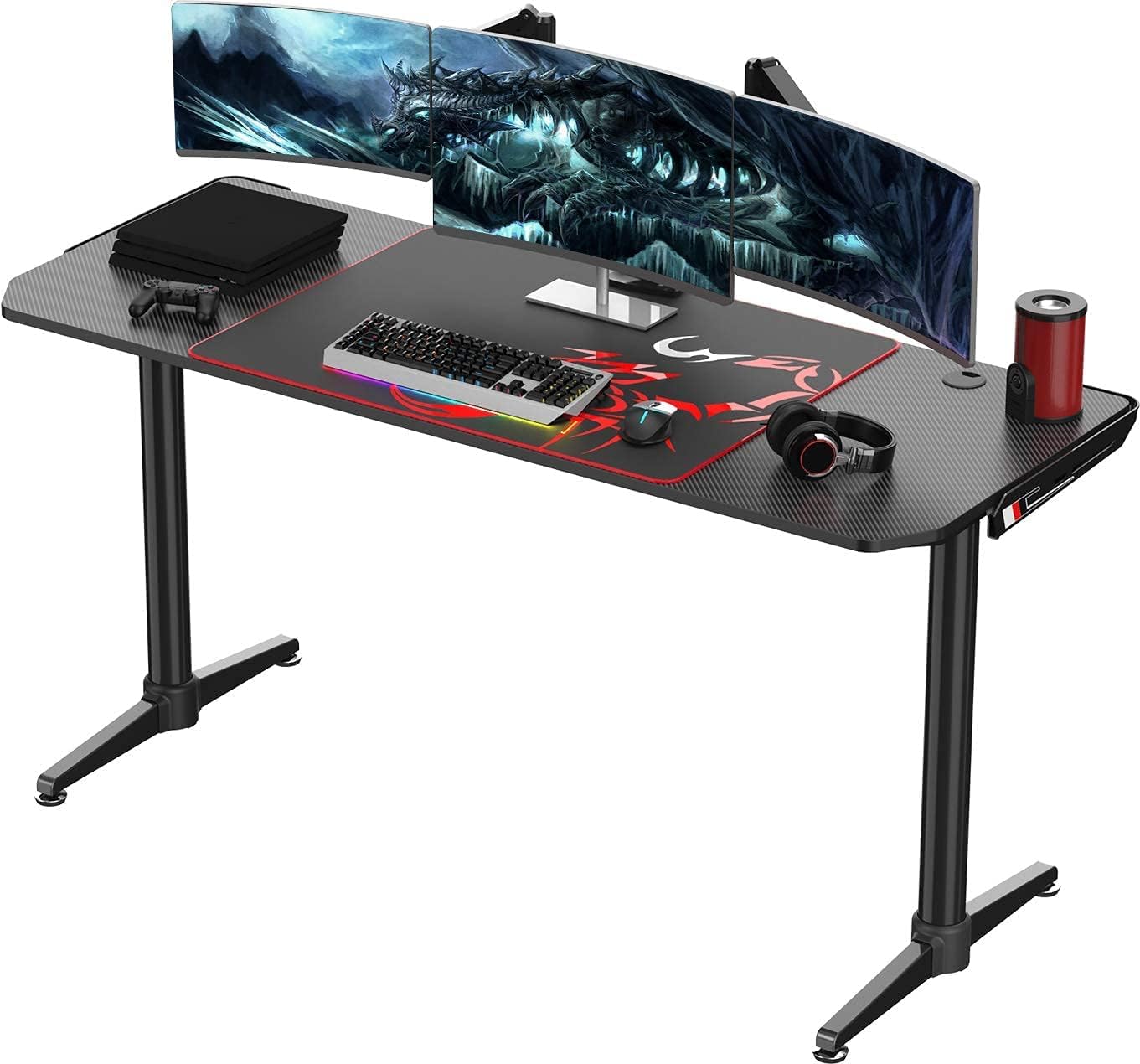 It's_Organized 60 inch Gaming Computer Desk,T-Shaped PC Laptop Table Workstation with Large Mouse Pad,Ample Space Home Office Study Writing Desk with Carbon Fiber Surface,Easy to Assemble,Black