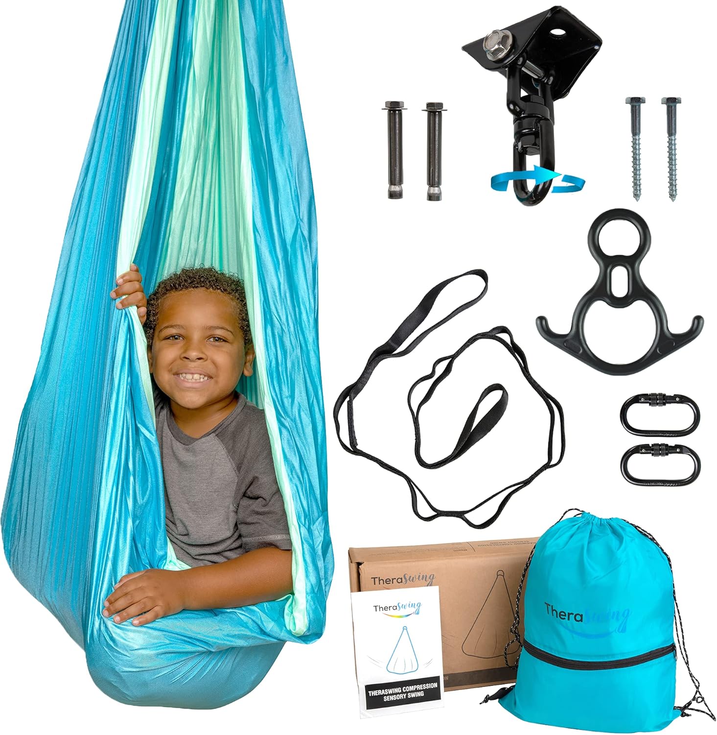 TheraSwing Indoor Sensory Swing Set - Black Hardware w 360&deg; Swivel - Heavy Duty for Kids & Adults - Therapy Compression for ADHD, Autism, Depression, PTSD - Double-Layer & Reversible, Easy to Install