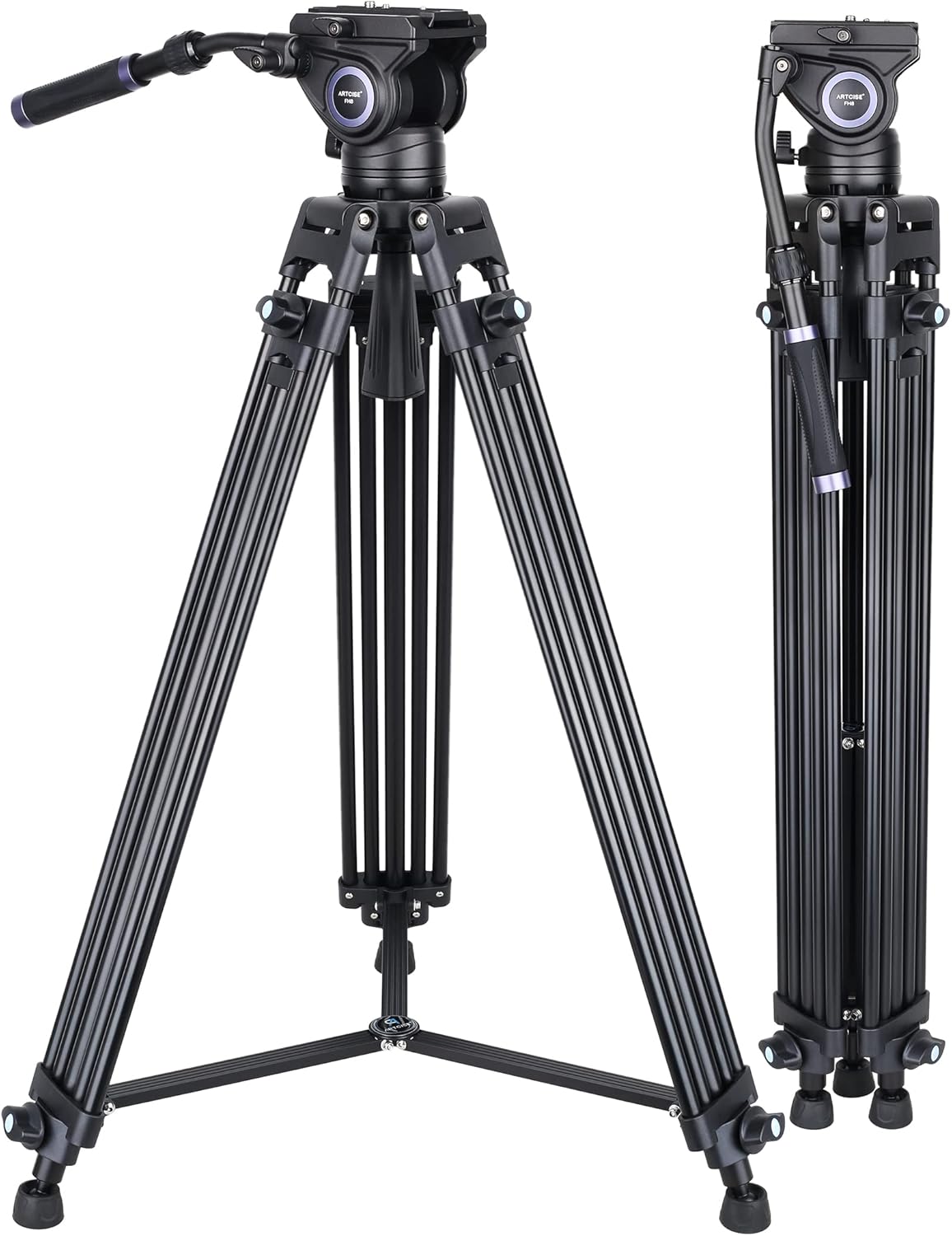 Professional Video Tripod with Detachable 360 Degree Fluid Head Support Left/Right Bar Handle Heavy Duty Aluminum Tripod Load up to 12kg/27pounds