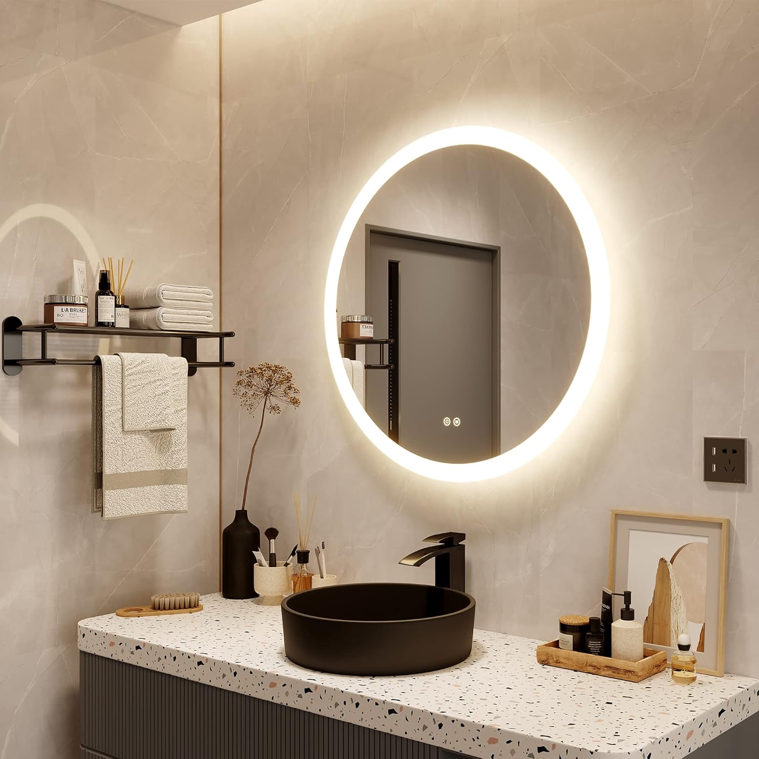 DecorVella 32 Inch Round LED Backlit Bathroom Mirror, Frosted Frameless Wall-Mounted Vanity Mirrors with Lights, Dimmable Adjustable Warm/Natural/White Lights, Anti-Fog, Rust-Proof&Water-Proof