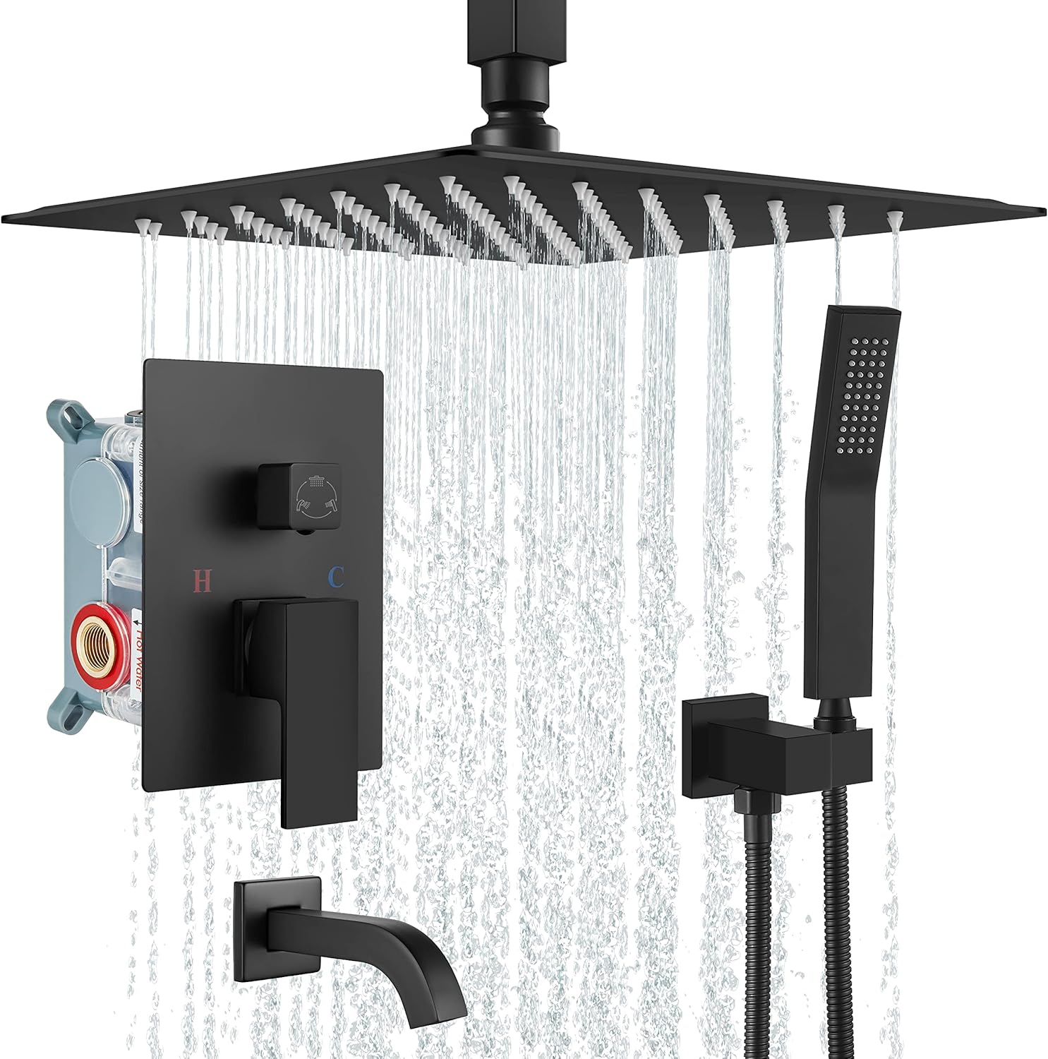 Aolemi Shower System 12 Inch Matte Black Ceiling Mount Rain Shower Head Set with Handheld Spray and Tub Filler Luxury High Pressure Shower Combo Set Brass Rough-in Valve Included Bathroom