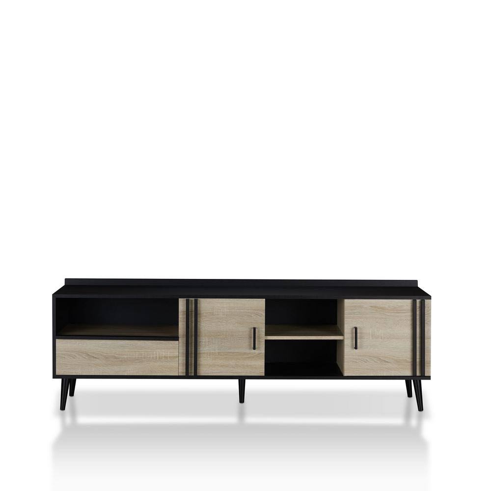 Furniture of America Danette 71 in. Black and Light Oak Wood TV Stand with 3-Drawer Fits TVs Up to 80 in. with Storage Doors