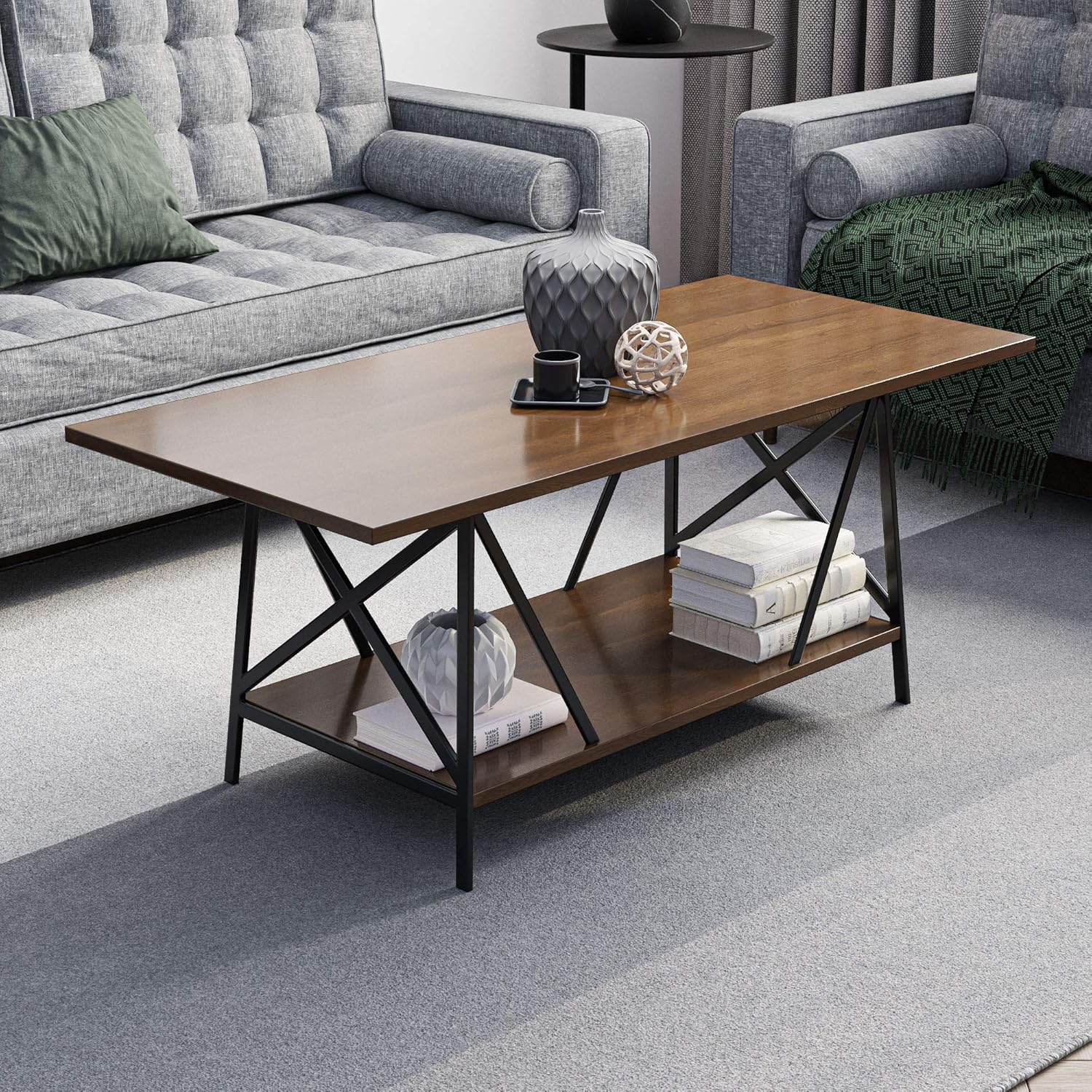 Edenbrook Walcott End Table for Living Room - Modern Farmhouse - Shelving for Storage and Display-Metal and Wood, Medium Oak Pack of 2