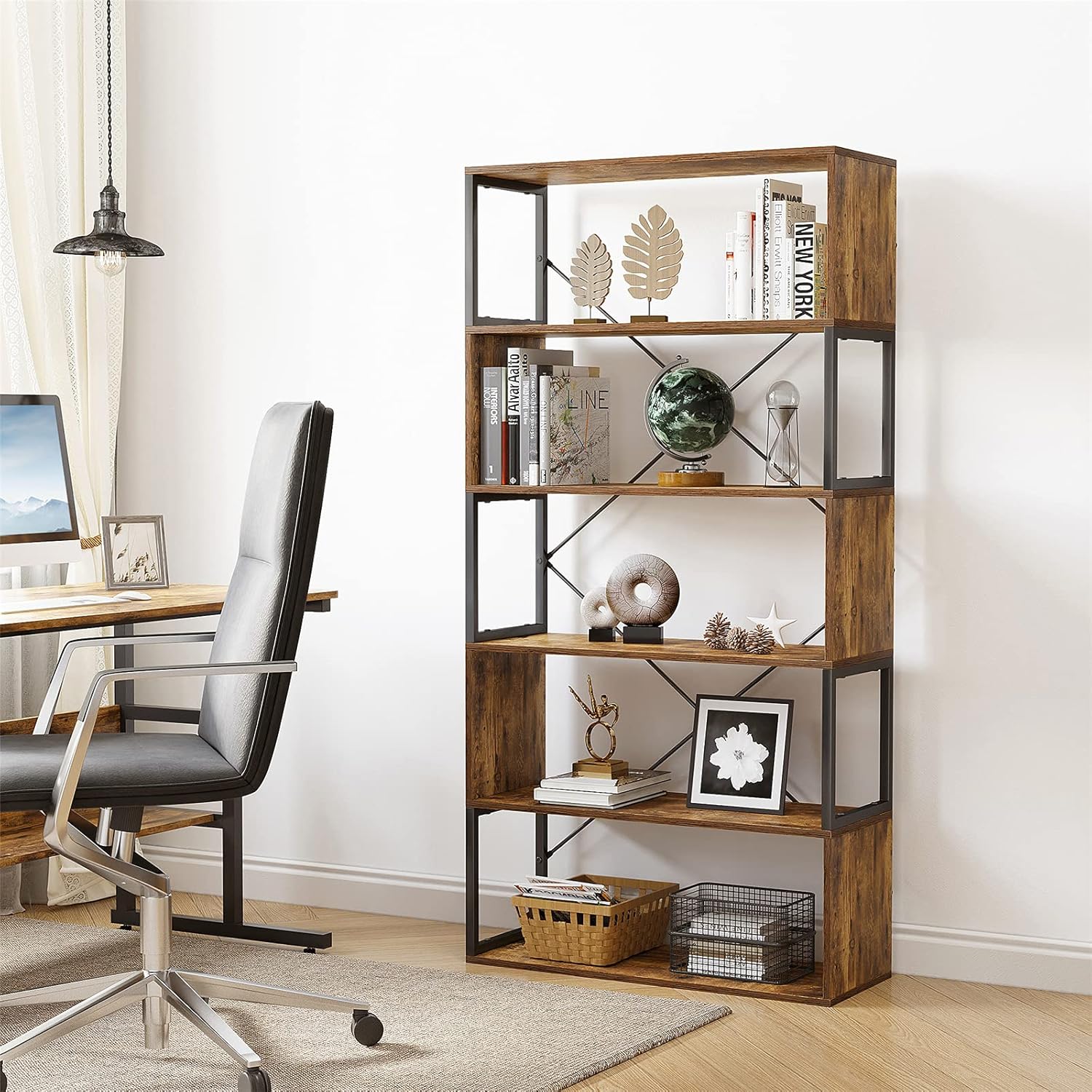 YITAHOME 5-Tier Bookshelf, Freestanding 6 Shelf Bookcases and Bookshelves, Industrial Vintage Furniture Display Book Shelf Storage Rack for Living Room Bedroom Home Office, Rustic Brown