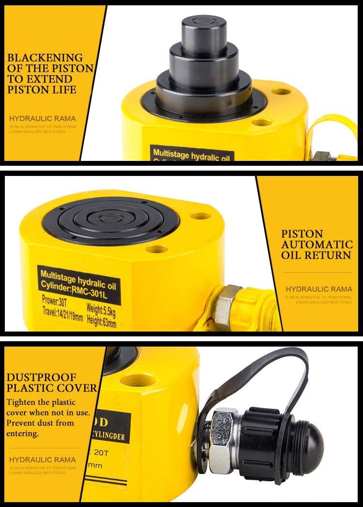 CGOLDENWALL Hydraulic Jack 20T Triple Sections Ultra-Thin Hydraulic Cylinder Height: 57mm Total Stroke: 30mm